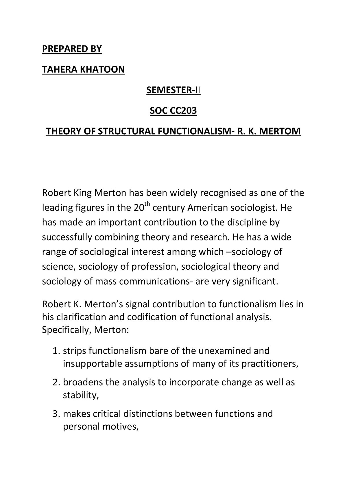 Theory OF Structural Functionalism - PREPARED BY TAHERA KHATOON ...