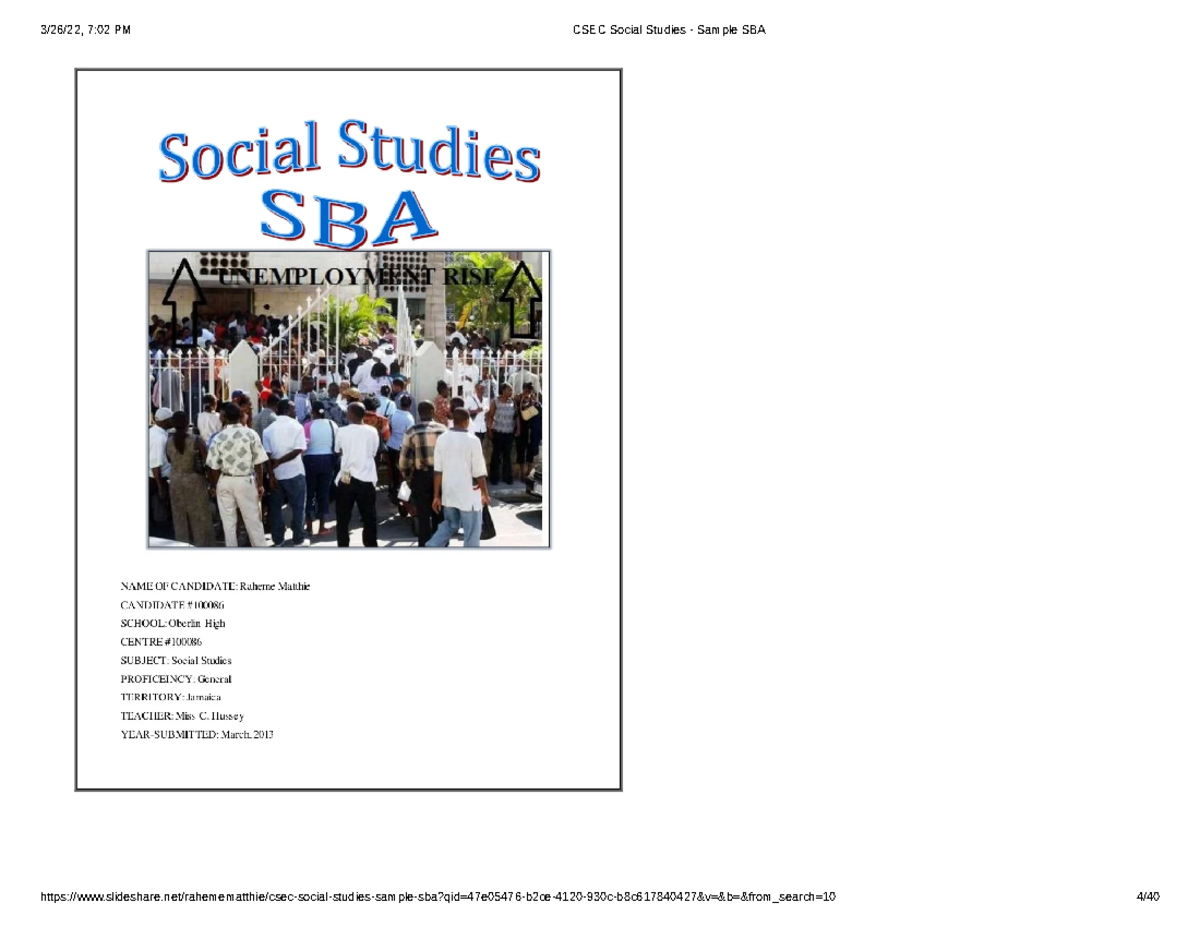 CSEC Social Studies Sample SBA Studocu
