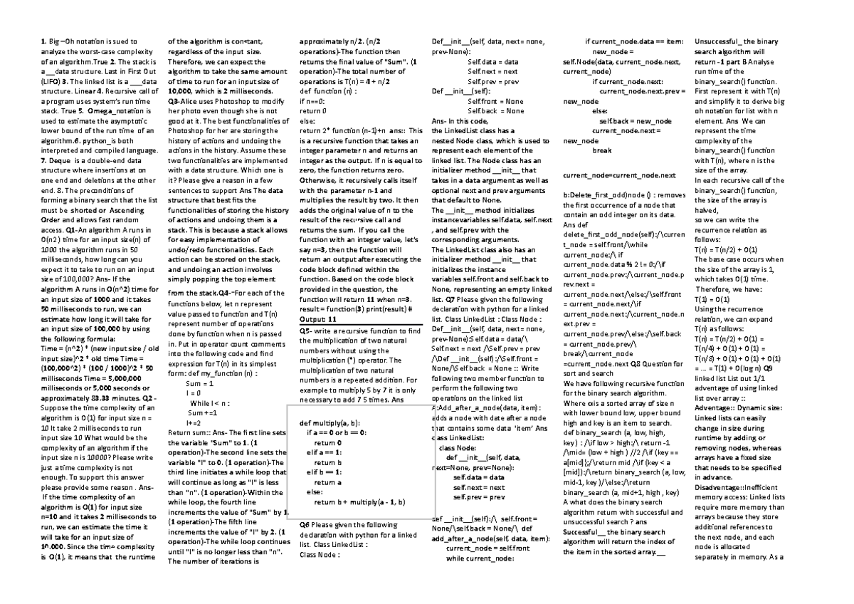 DSA chet sheet for midterm 1 - Big –Oh nota琀椀on is sued to analyze the ...