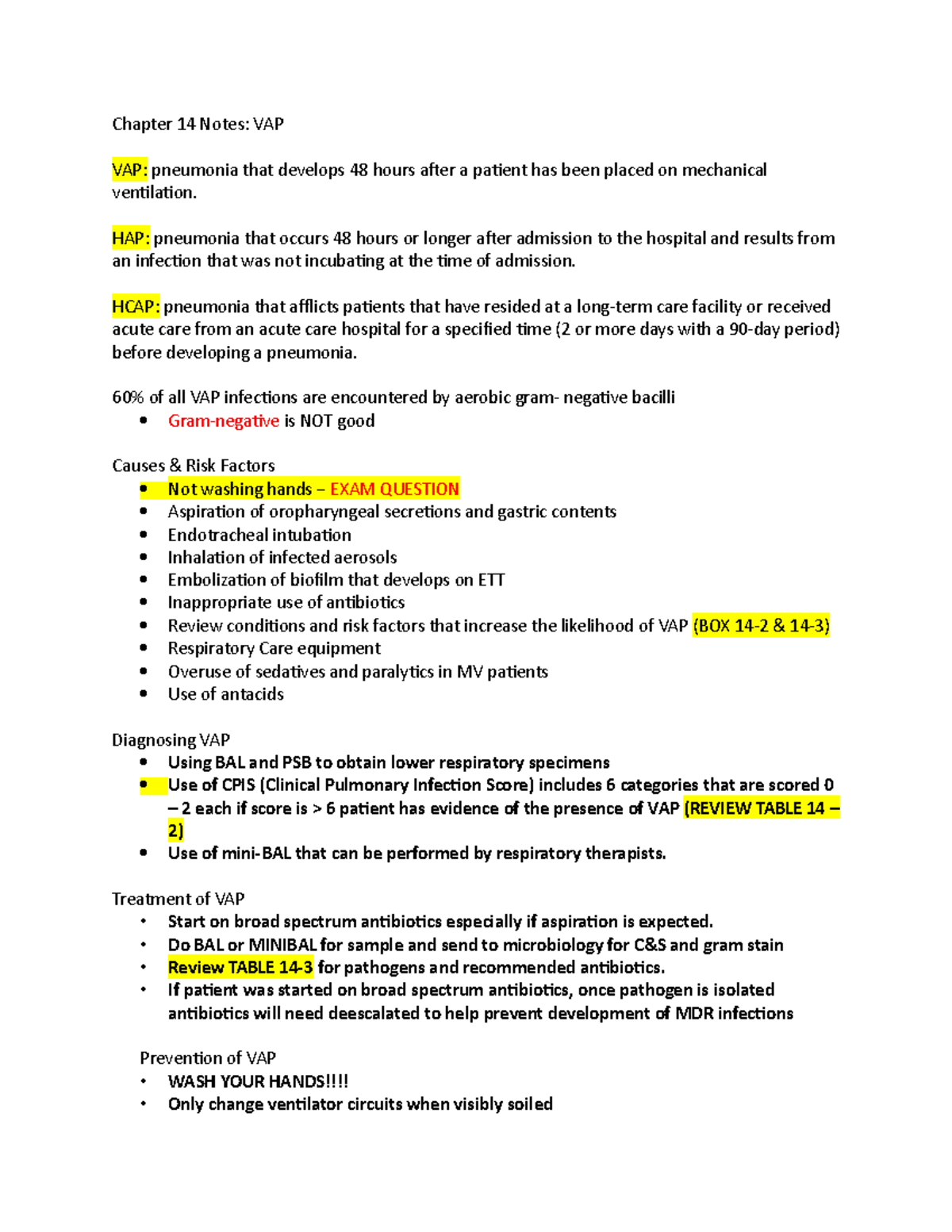 Chapter 14 Notes On Egans - Chapter 14 Notes: VAP VAP: Pneumonia That ...