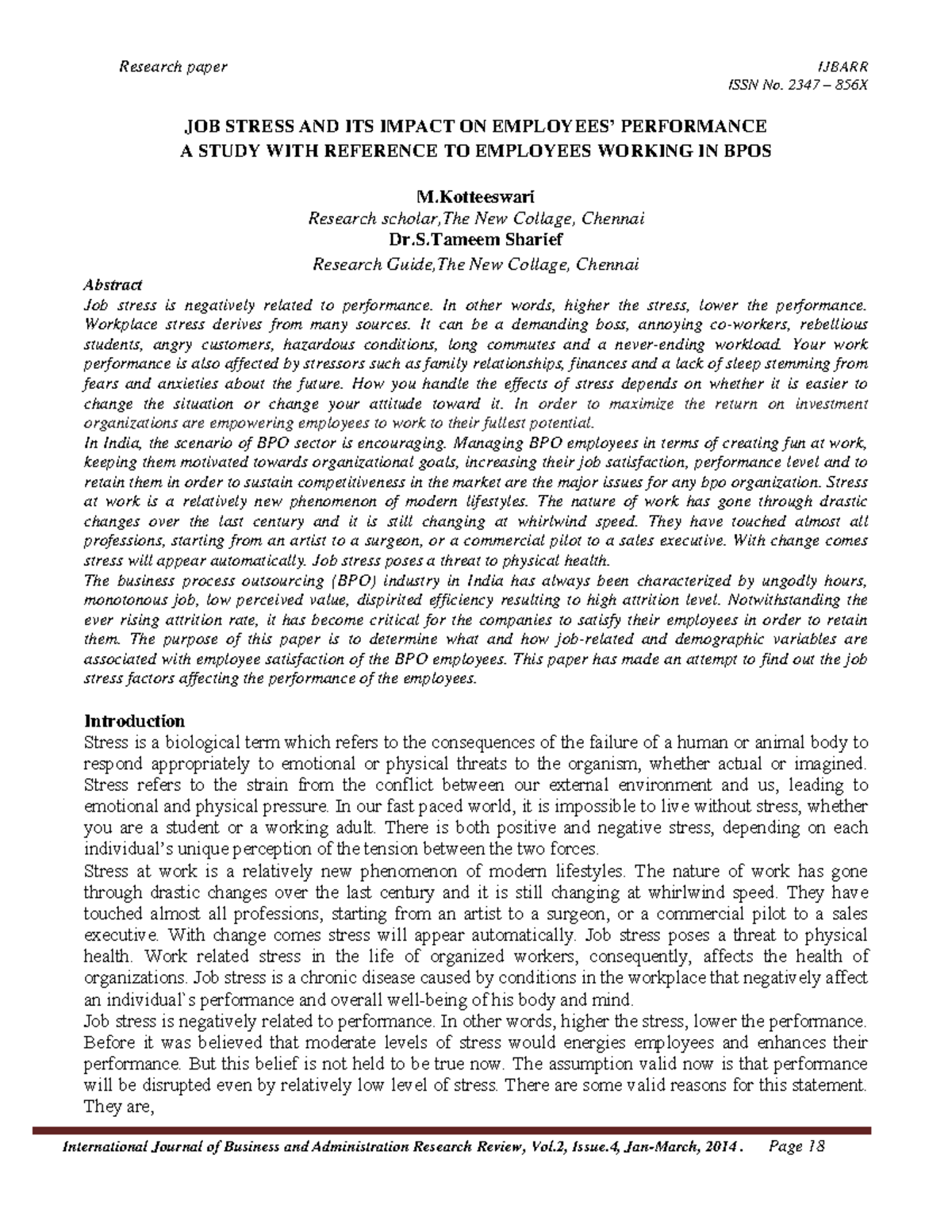 JOB Stress AND ITS Impact ON Employees P - ISSN No. 2347 – 856X JOB ...