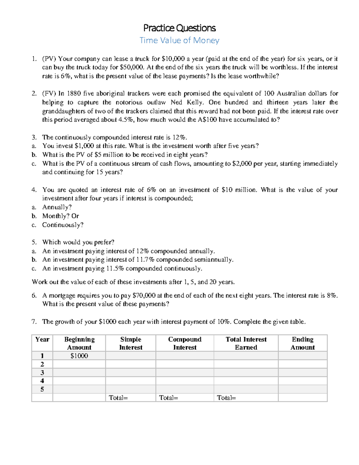 Practice Questions (TVM) - Practice Questions Time Value of Money (PV ...