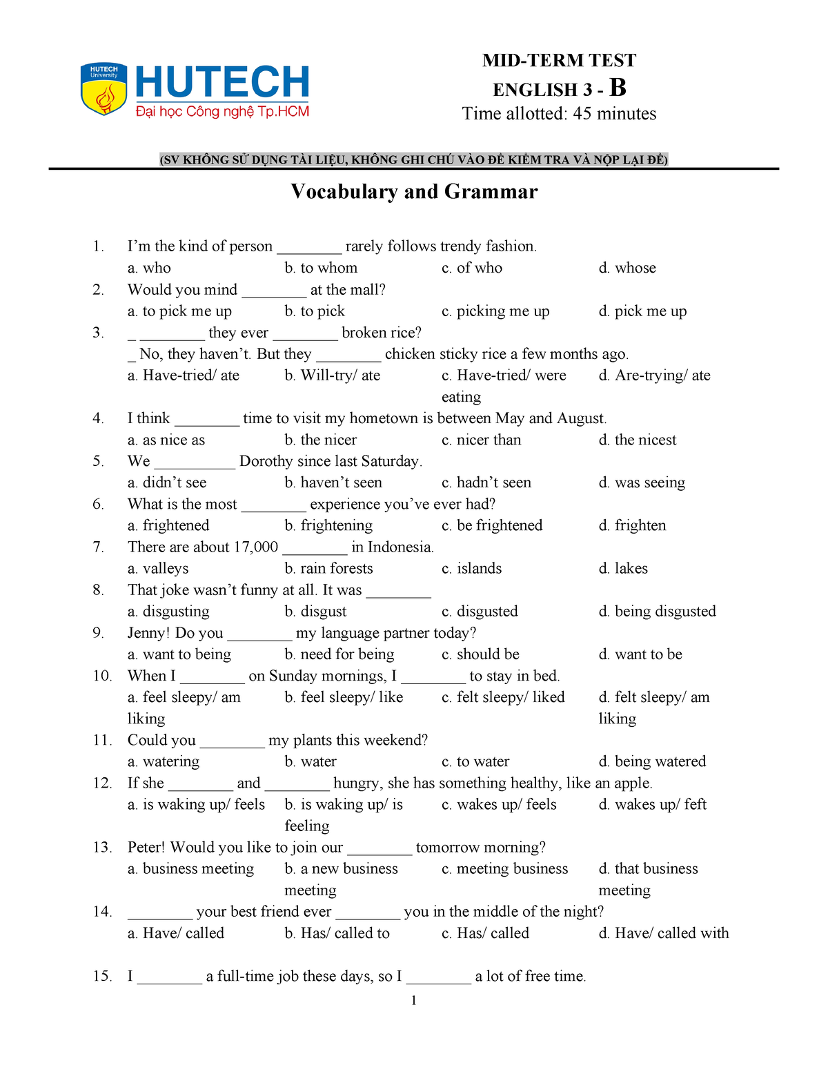 B - E2131 - MID-TERM TEST ENGLISH 3 - B Time Allotted: 45 Minutes (SV ...