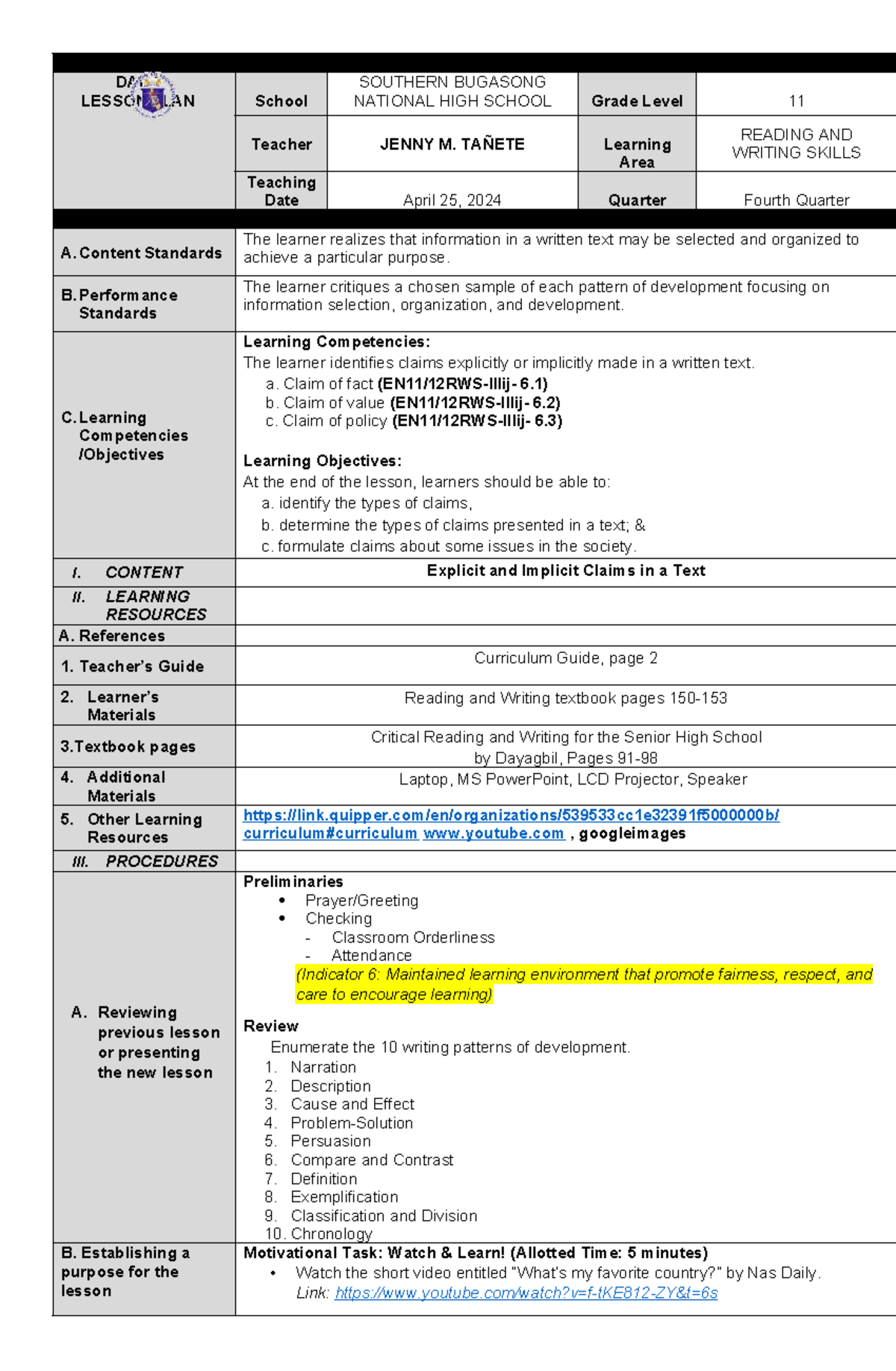 tanete-dll-claims-lesson-plan-school-national-high-school-grade-level