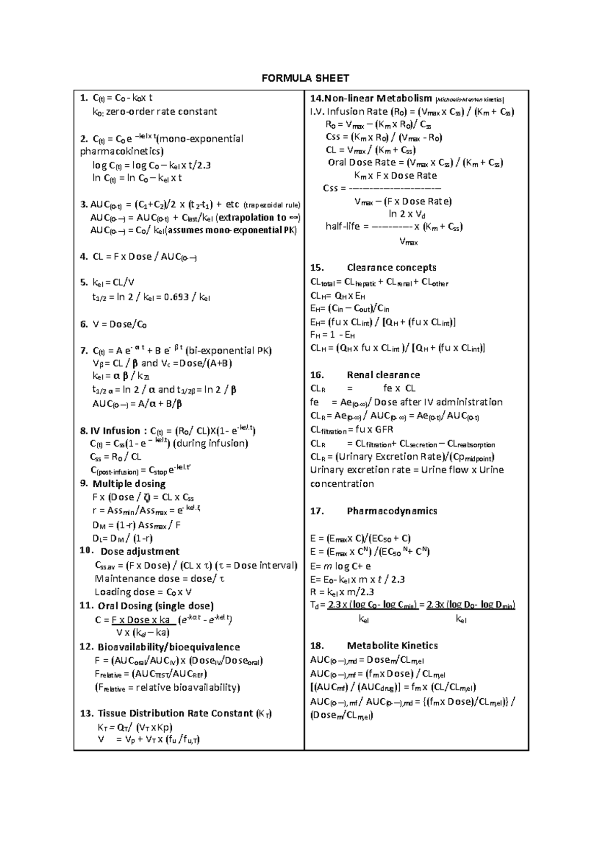 Formula Sheet Phar2813 Formula Sheet C T C 0 K 0 X T K0 Zero Order Rate Constant C T