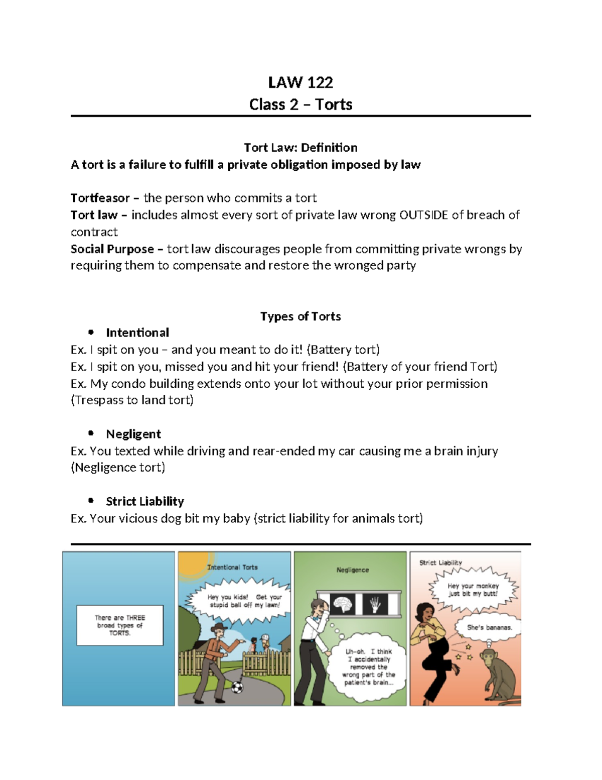 LAW 122 Midterm prep - LAW 122 Class 2 – Torts Tort Law: Definition A ...