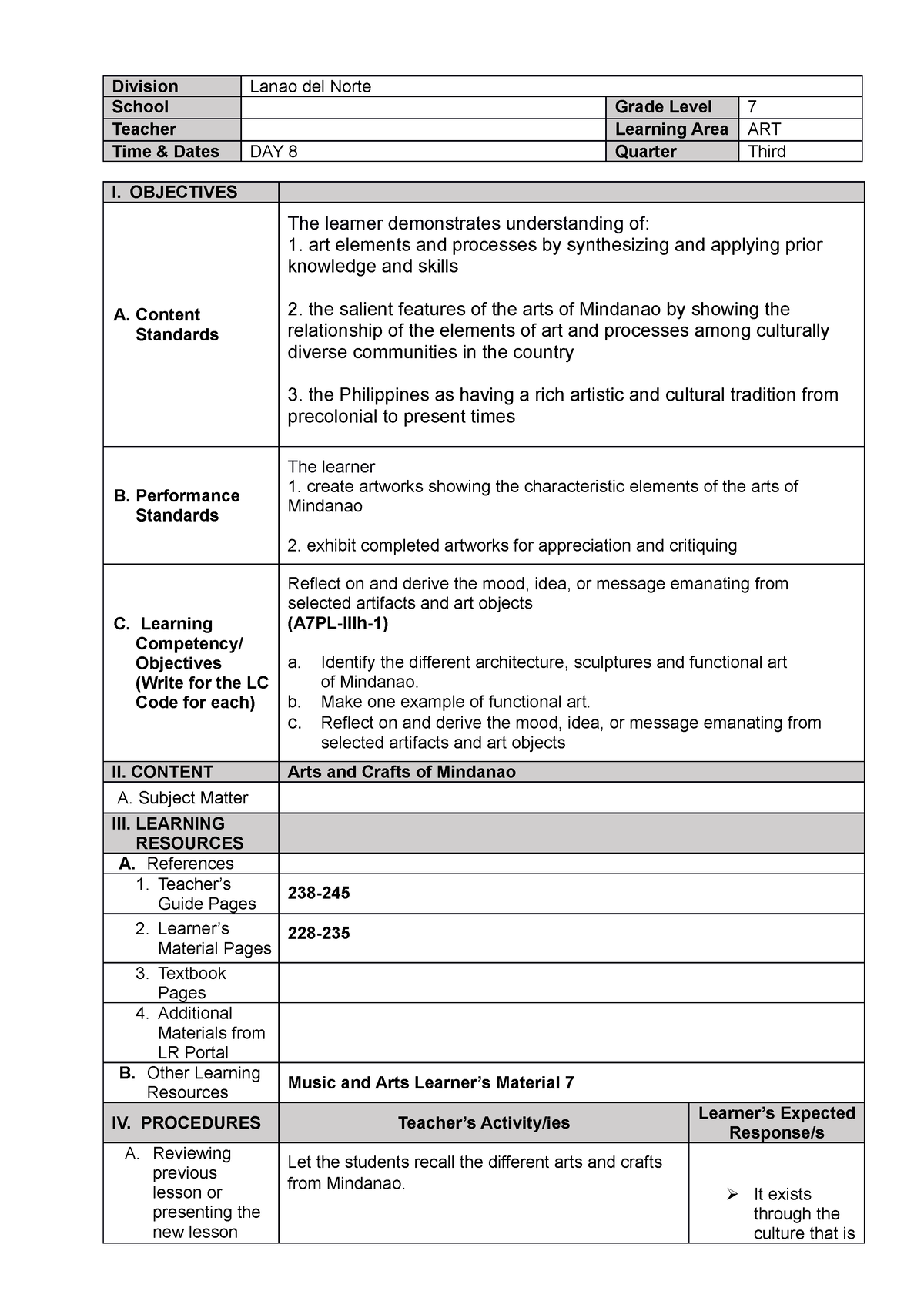 DETAILED LESSON PLAN - Division Lanao del Norte School Grade Level 7 ...