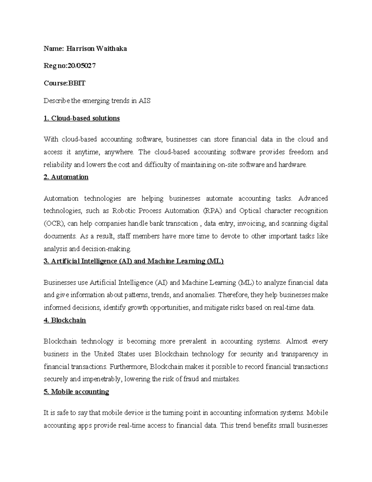 Assignment 2 AIS - yiy uigu - Name: Harrison Waithaka Reg no:20/ Course ...