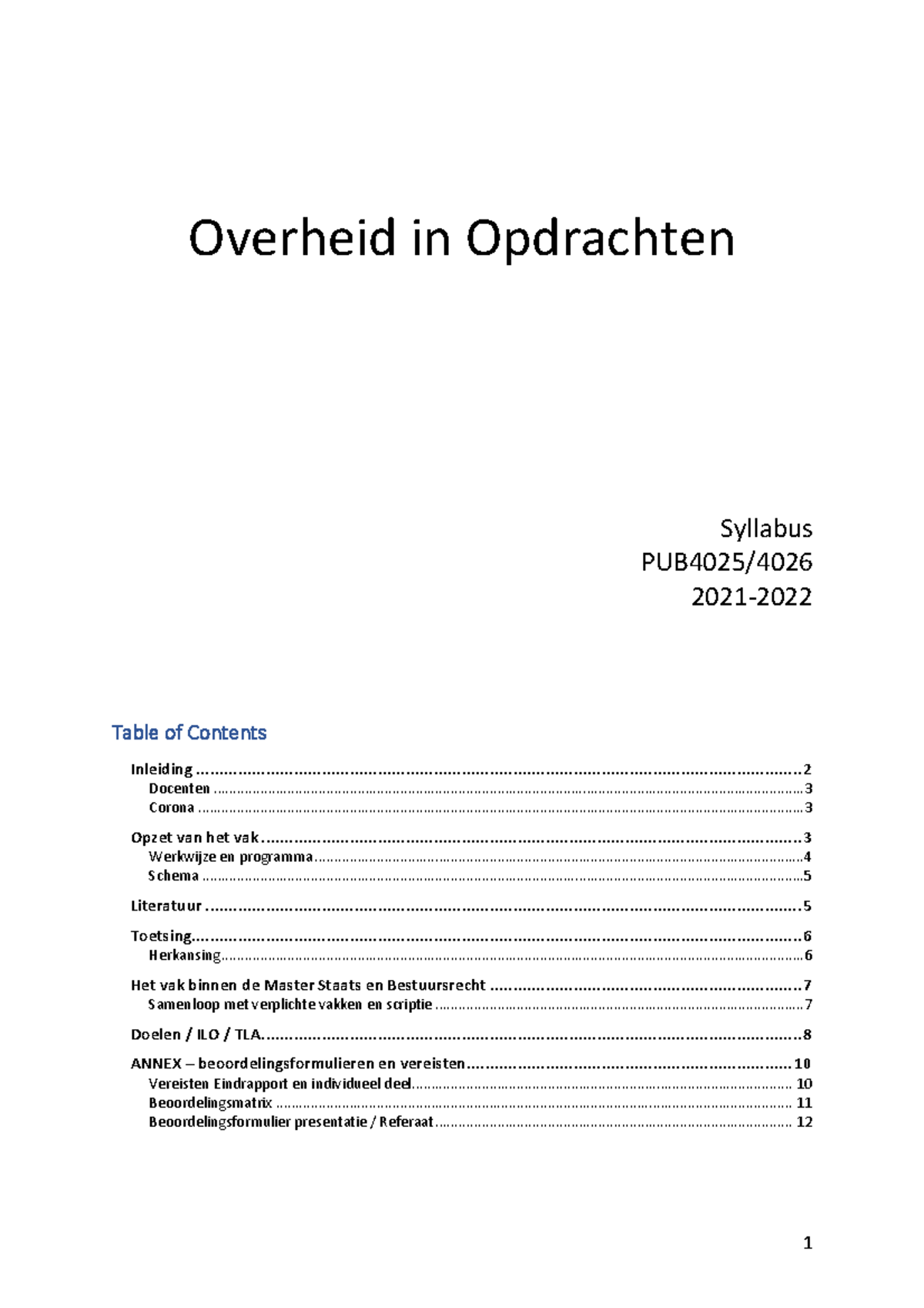 Syllabus - Overheid In Opdrachten I - 2021-2022 Final - Overheid In ...