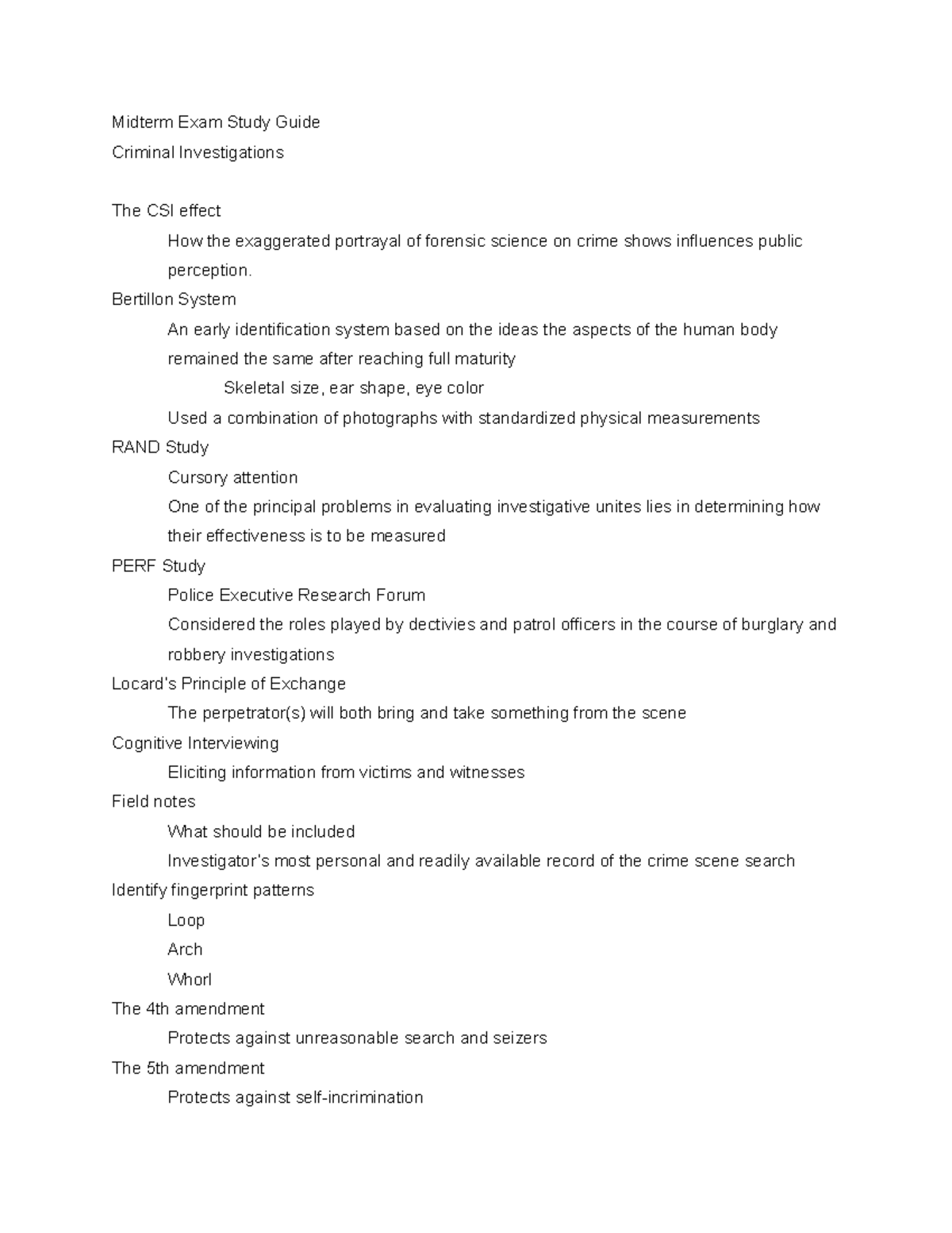 Midterm Exam Study Guide Criminal Investigation - Google Docs - Midterm ...
