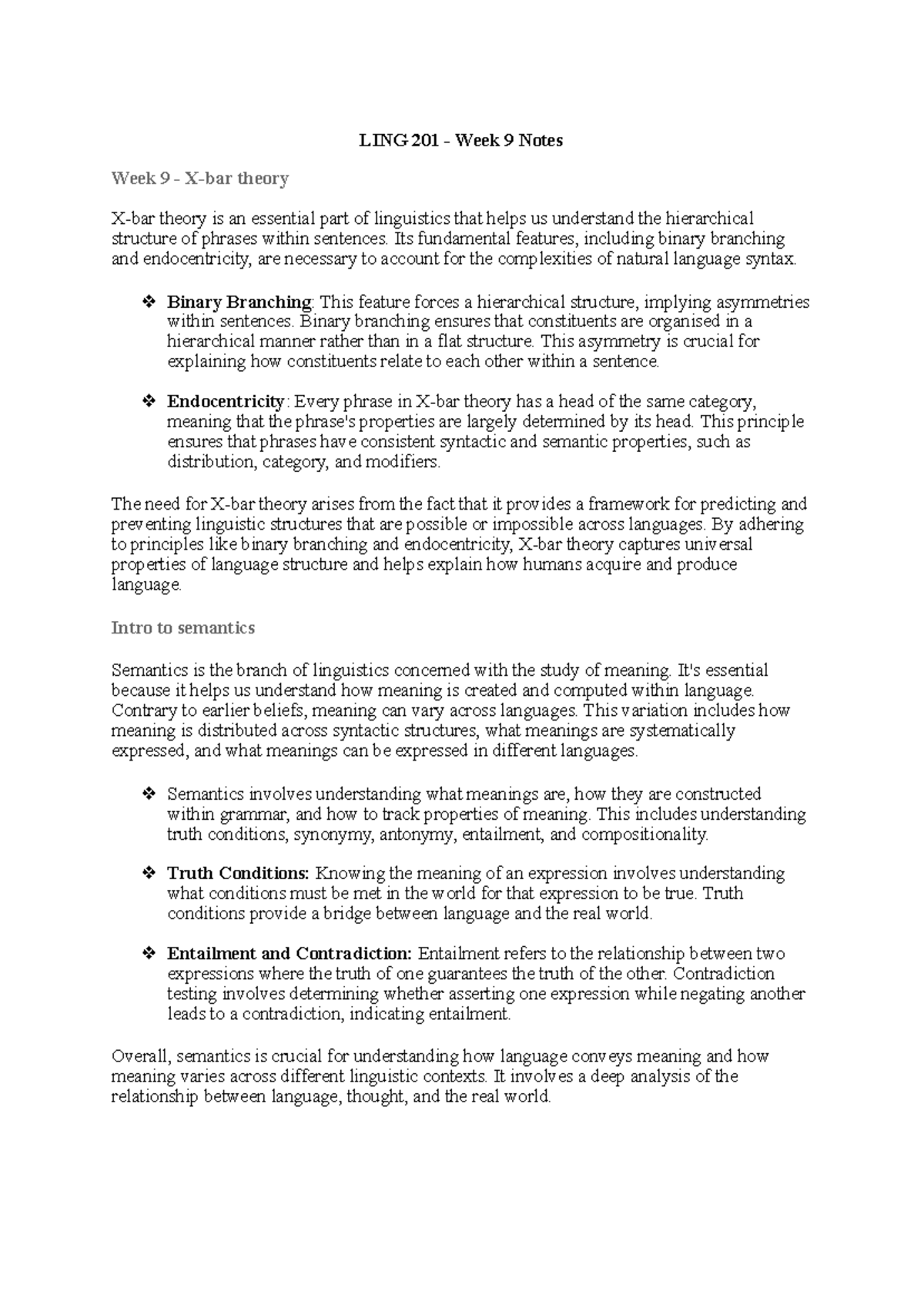 LING 201 - Week 9 Notes - LING 201 - Week 9 Notes Week 9 - X-bar theory ...