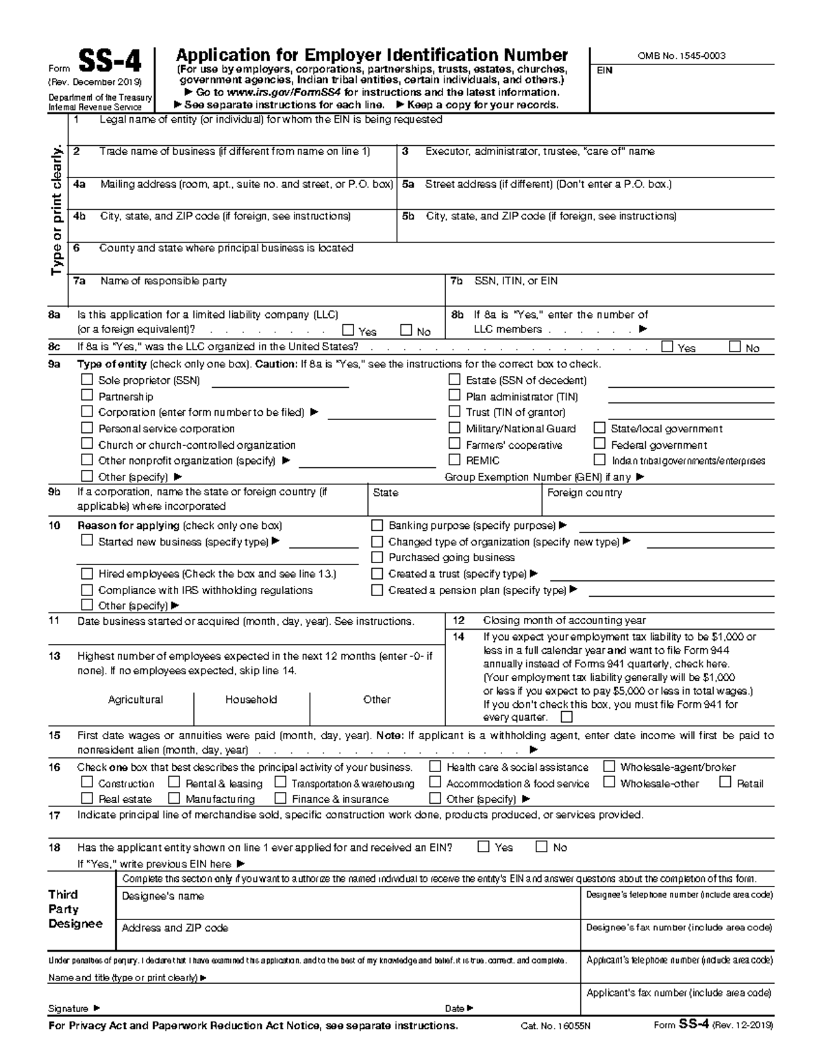 Fss4 - Yeah - Form SS- (Rev. December 2019) Department of the Treasury ...