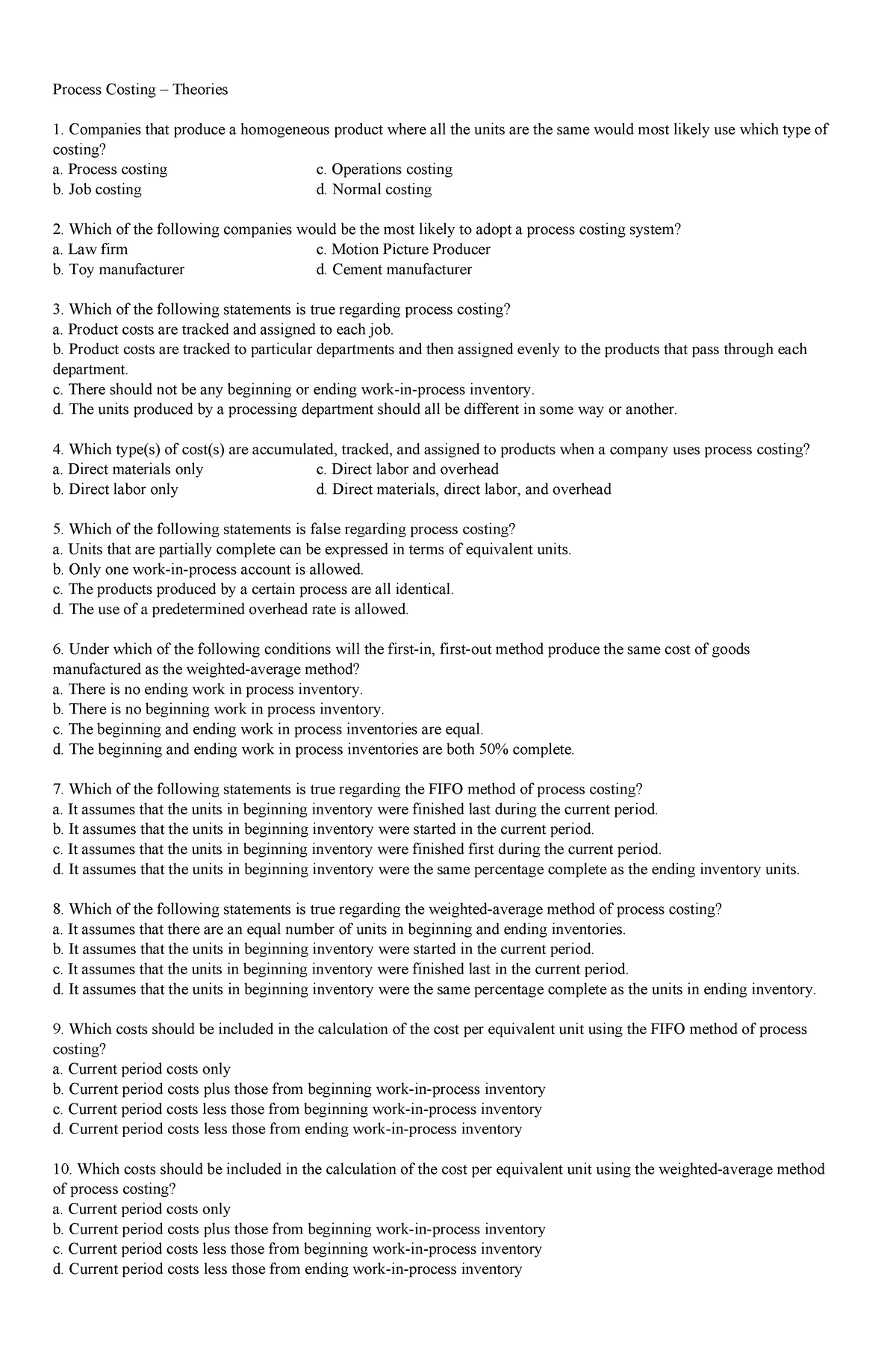 Process Costing Seatwork - Process Costing – Theories Companies that ...