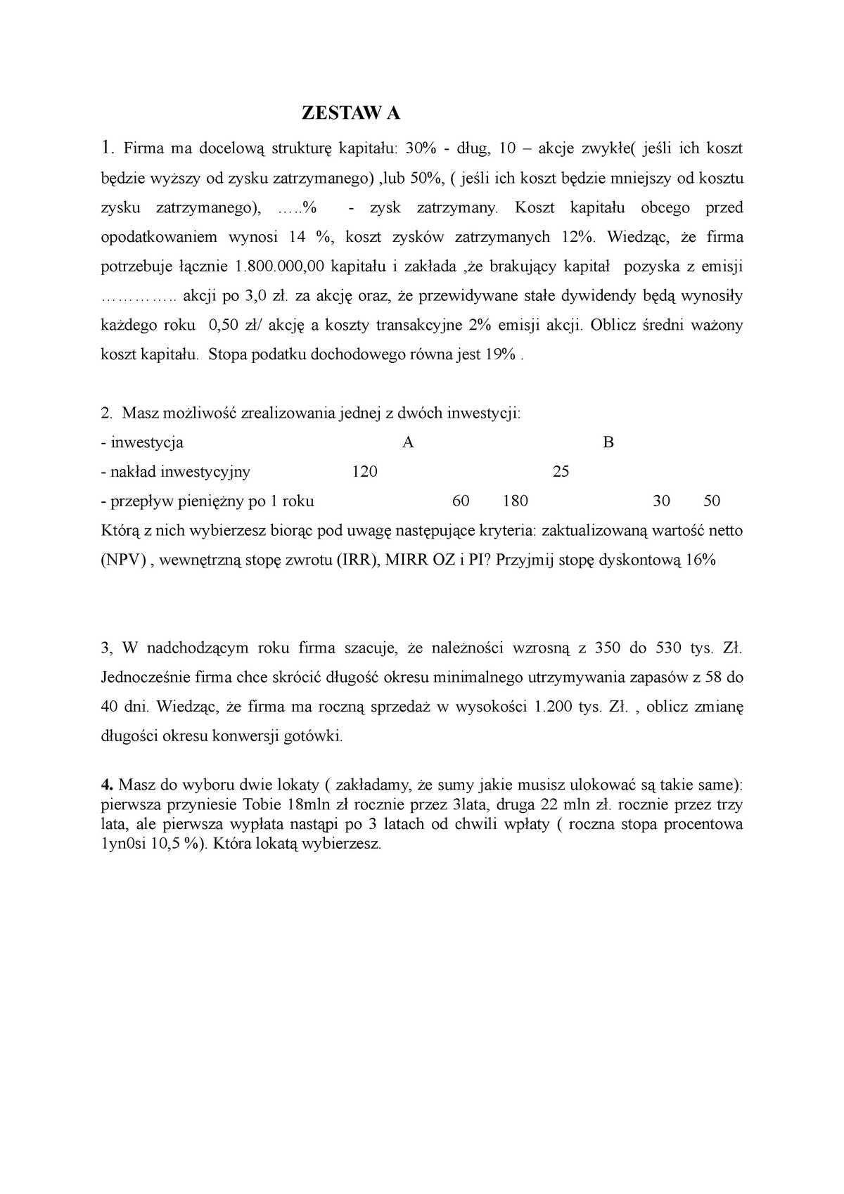 Finanse Przedsiębiorstw, Przykład Kolokwium - Zestaw A - ZESTAW A 1 ...