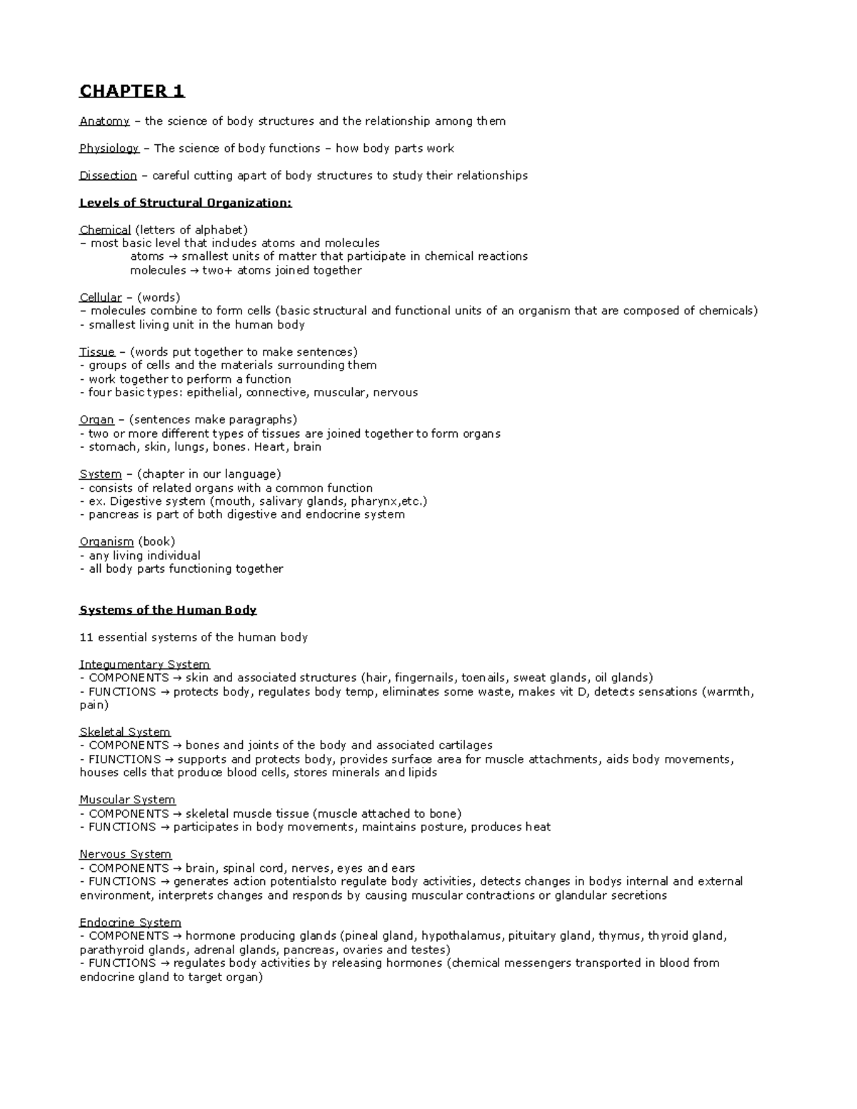 BIO 235 midterm 1 - Personal lecture notes - CHAPTER 1 Anatomy – the ...