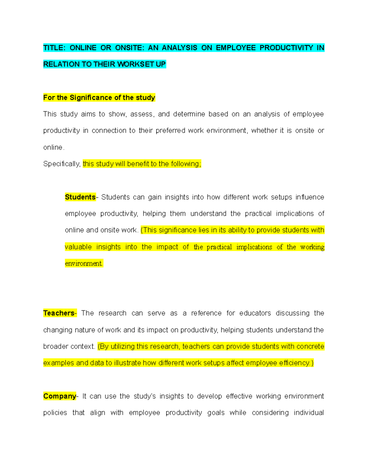 Draft Significance of the study - TITLE: ONLINE OR ONSITE: AN ANALYSIS ...