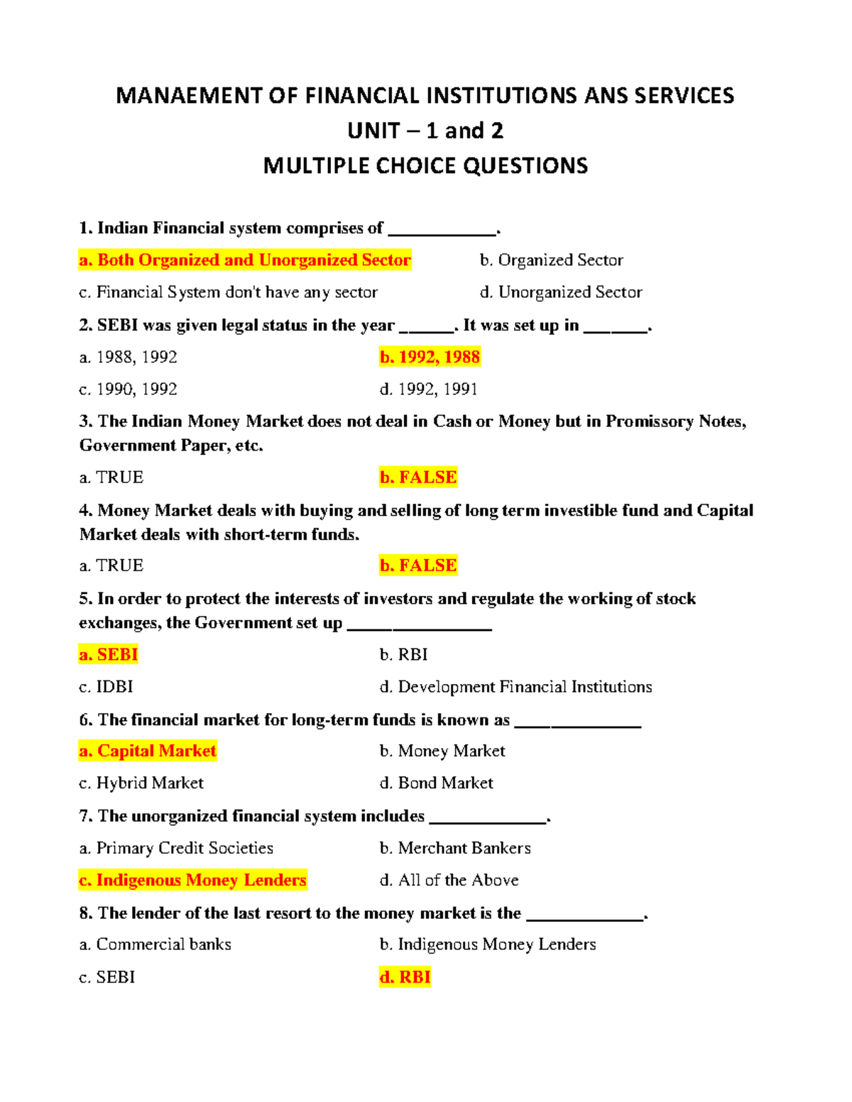 Management Of Finanacial Institutions And Services MCQs - MANAEMENT OF ...
