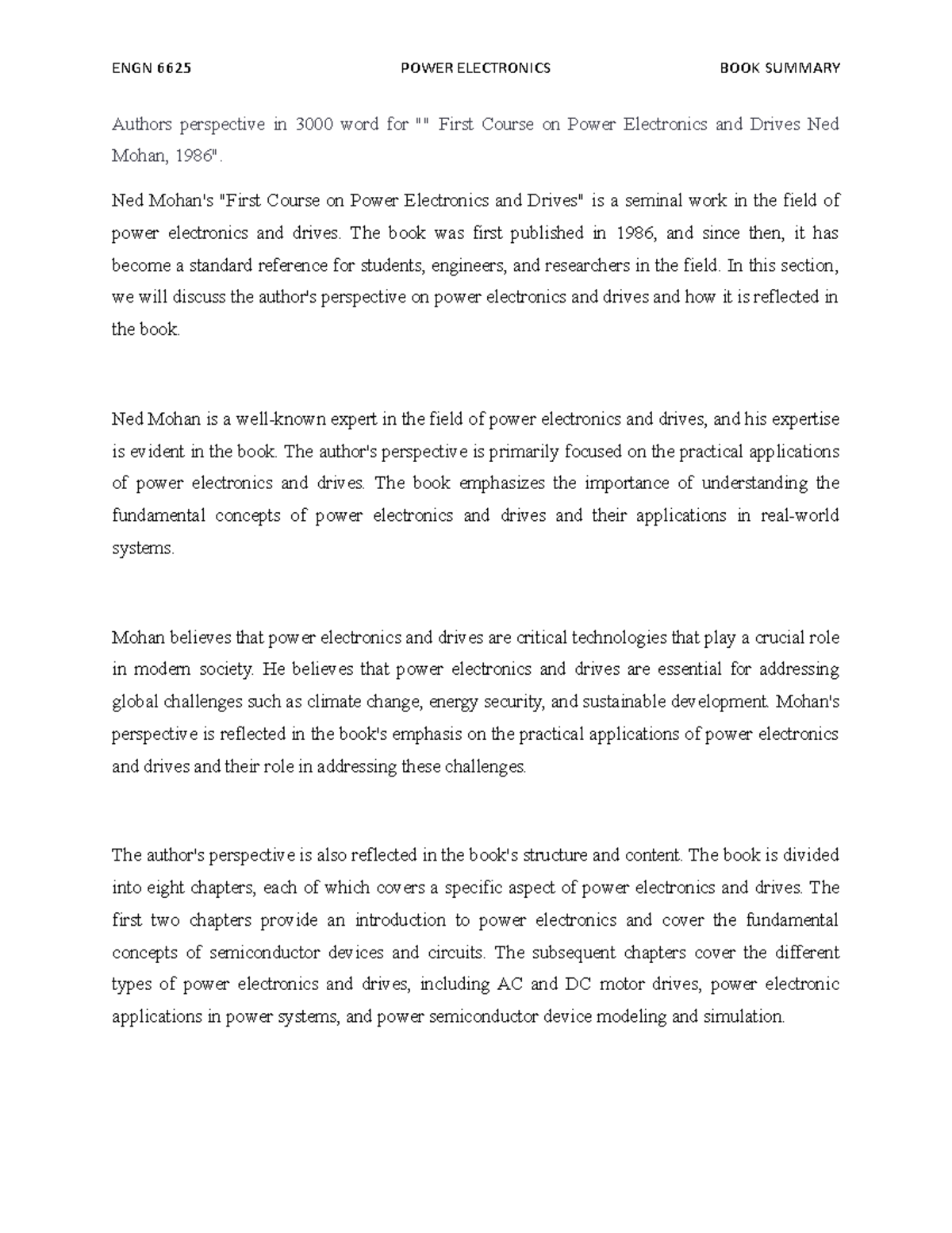 Authors perspective for First Course on Power Electronics and Drives