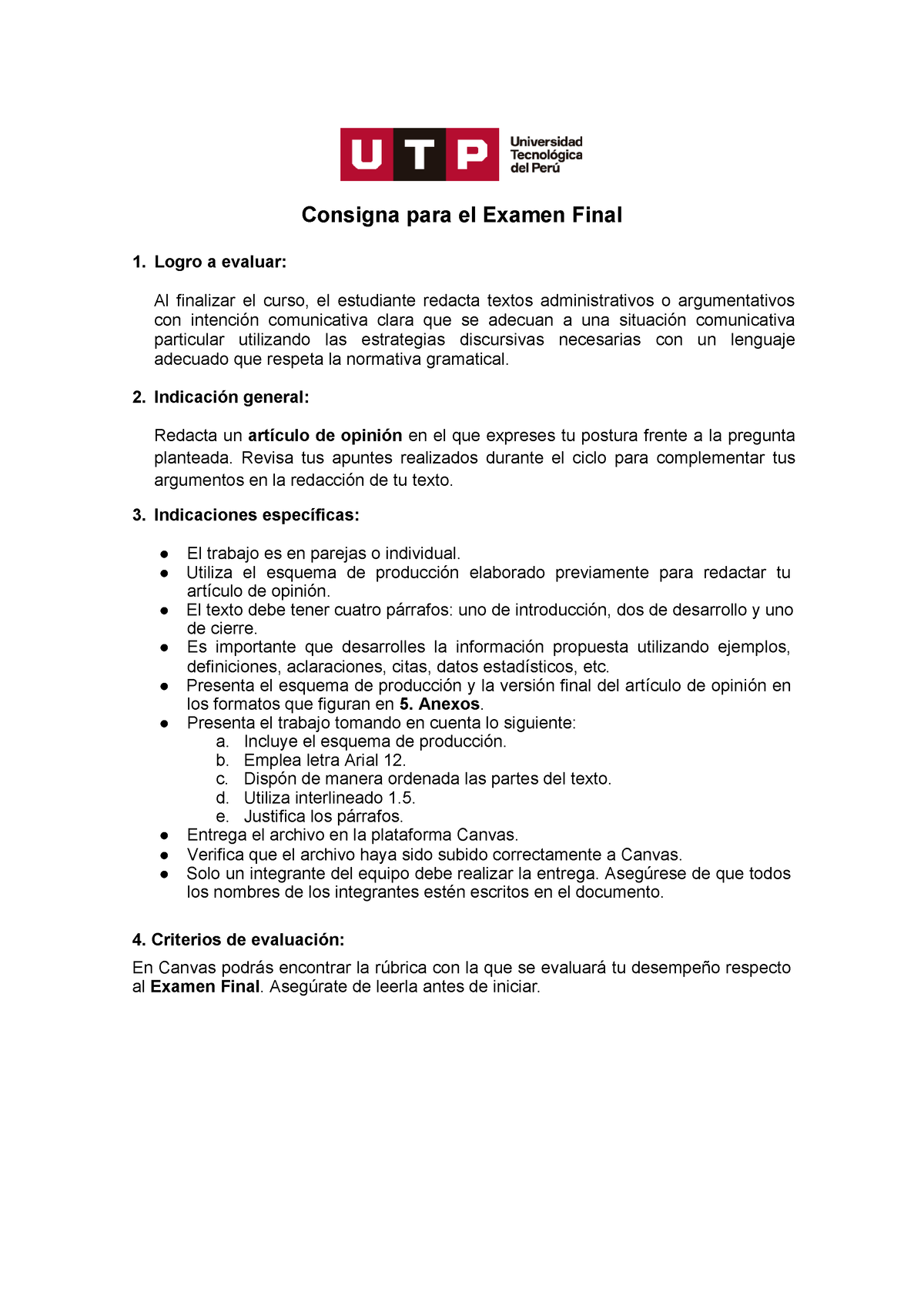 Examen Final Comprension Y Redaccion DE Textos - Consigna Para El ...