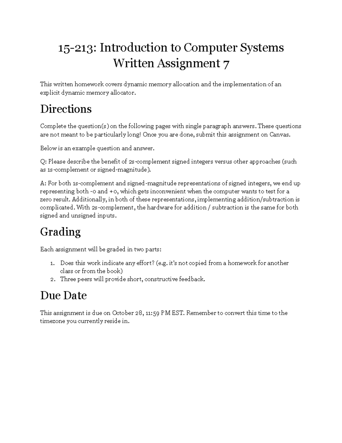 Written Assignment 7 - 15-213: Introduction to Computer Systems Written ...