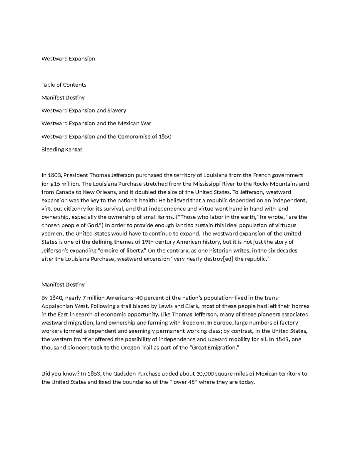 Westward Expansion - Summary History - Westward Expansion Table of ...