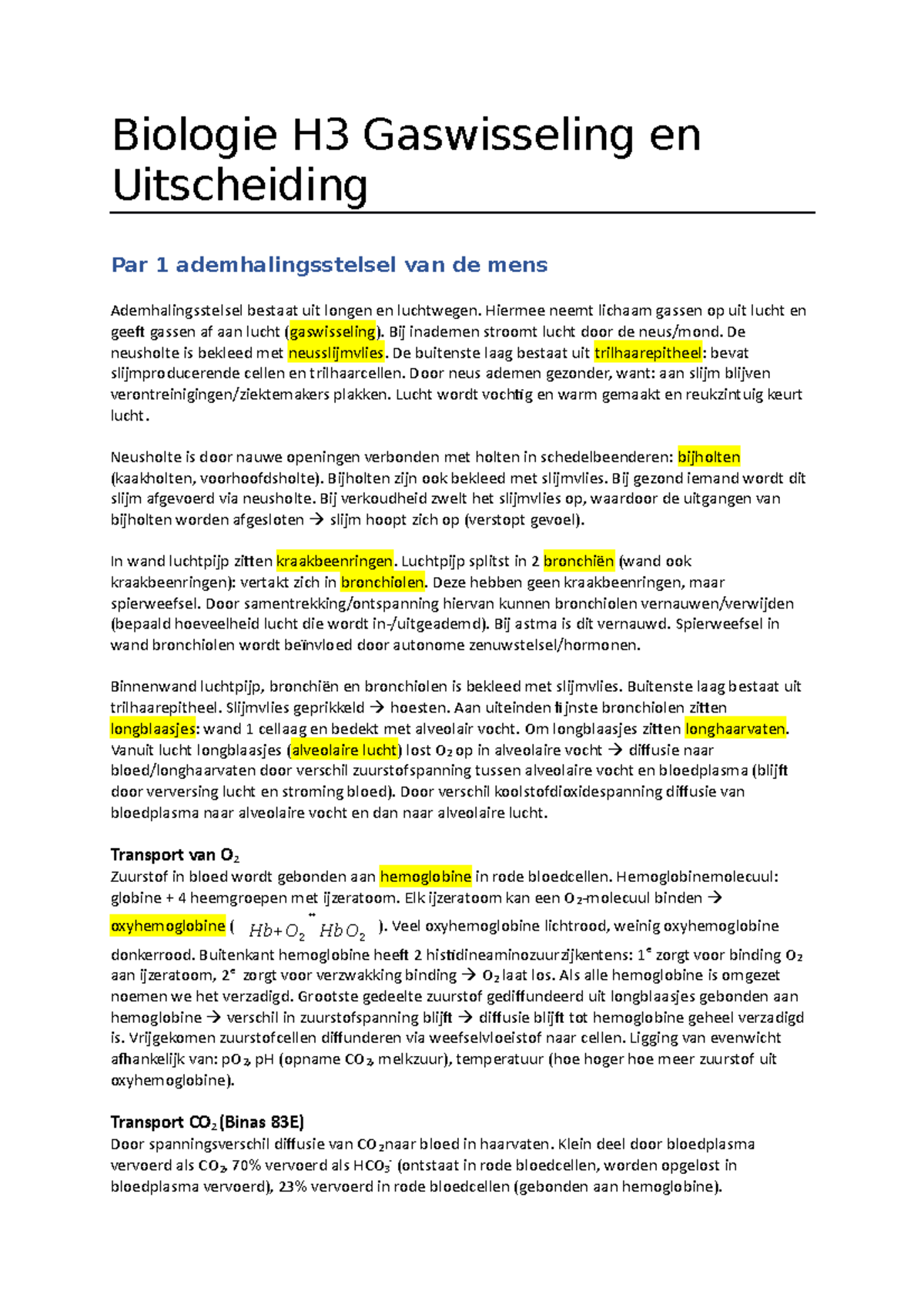 Biologie Voor Jou VWO 6 - T3 Gaswisseling En Uitscheiding Samenvatting ...