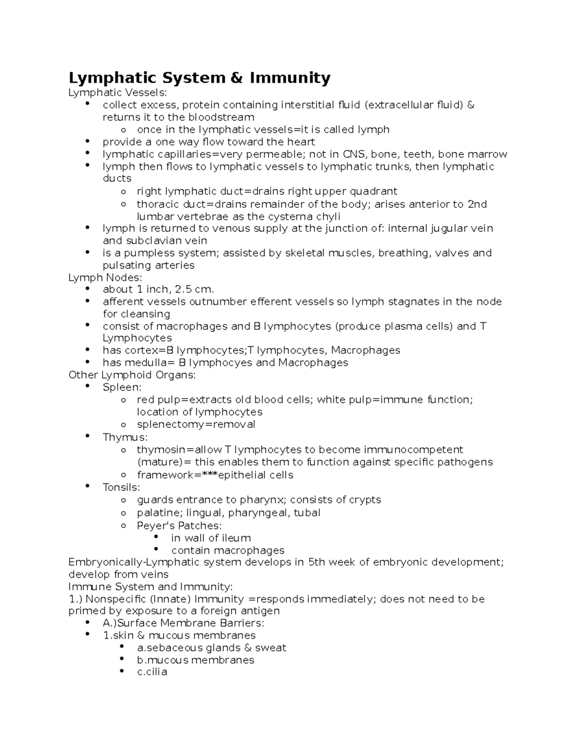 Lymphatic System - Lecture notes Lecture 10 - Lymphatic System ...