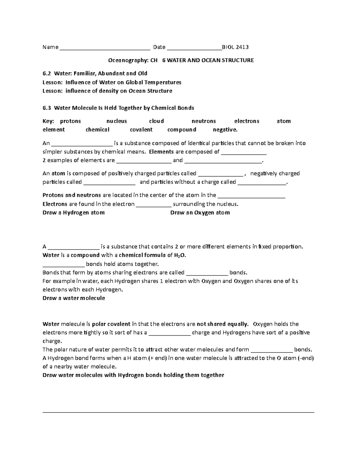 CH 6 Water AND Ocean Structure Guide - Name ...