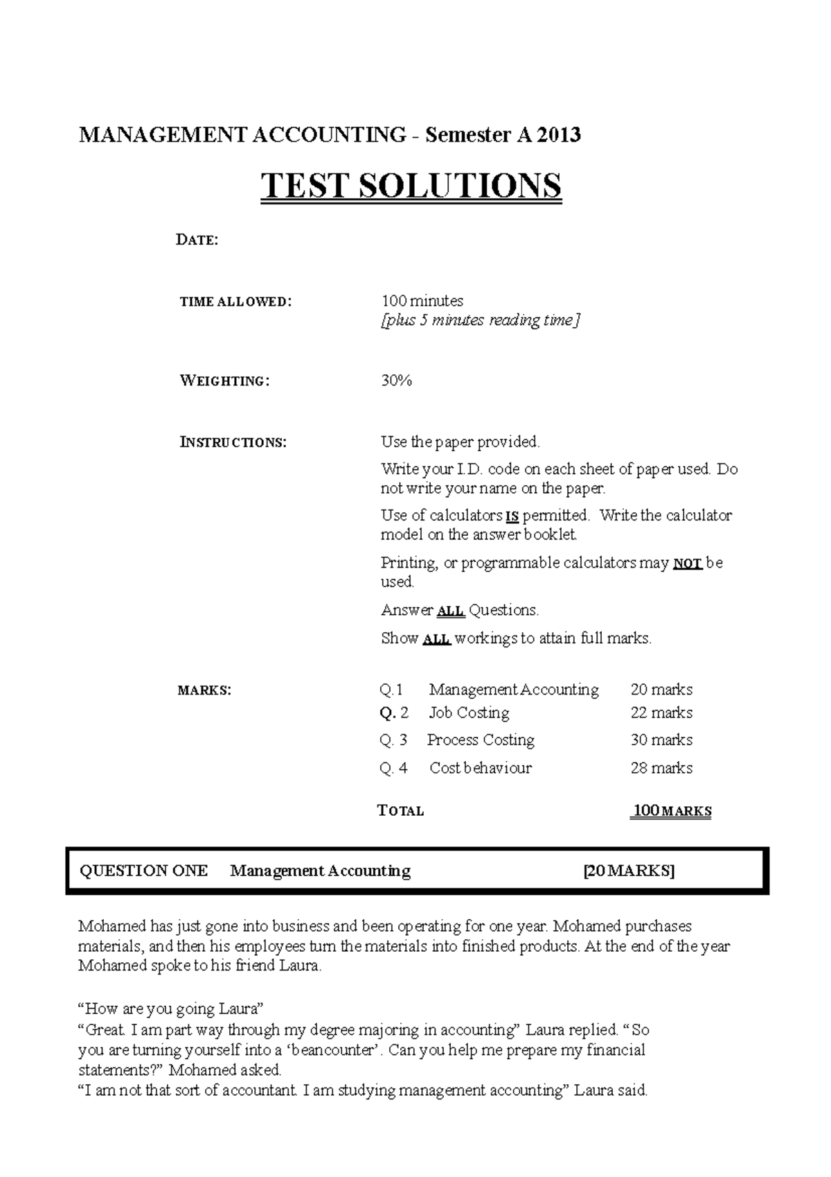 Test April 2013, answers - MANAGEMENT ACCOUNTING - Semester A 2013 TEST ...