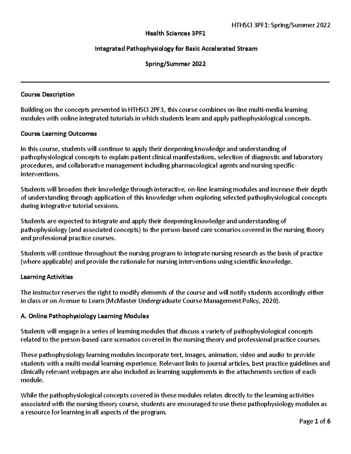 Hthsci 3PF1 Course Outline 20221 for Spring/Summer - Health Sciences ...