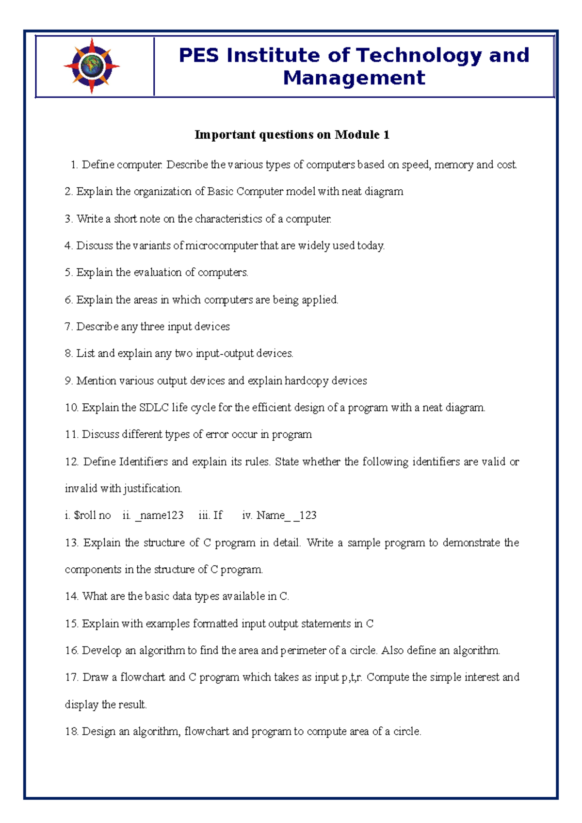 Module 1-Important questions - PES Institute of Technology and ...