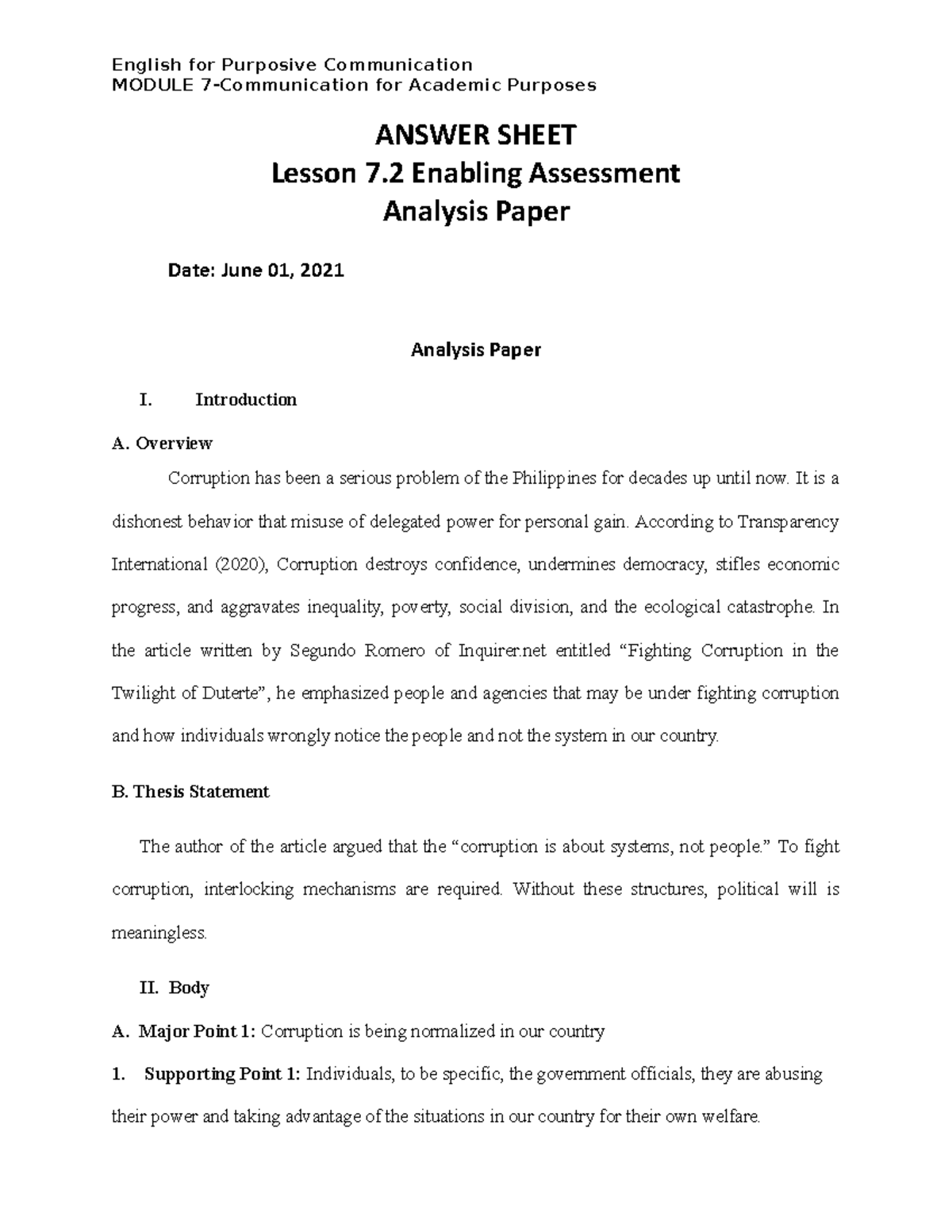 Module 7- Enabling Assessment Answer Sheet-Lesson 7 - English for ...