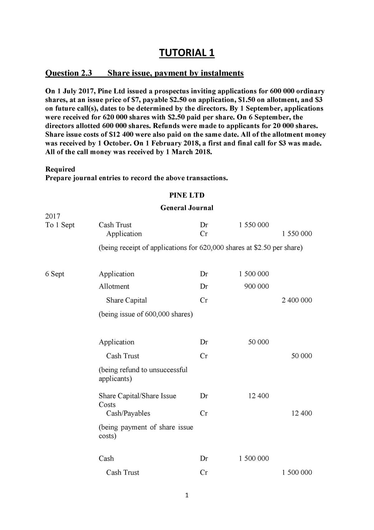 Tutorial Solution Tutorial 1 Question 2 3 Share Issue Payment By Instalments On 1 July 17 Pine Studocu
