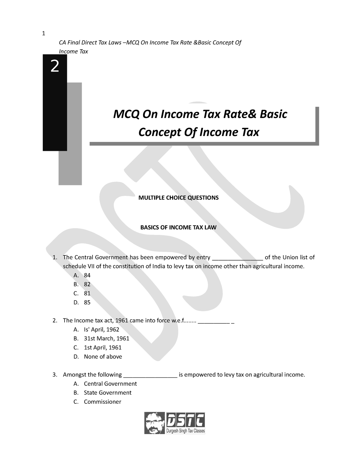 Chapter 1 MCQs On Income Tax Rates And Basic Concept Of Income Tax ...