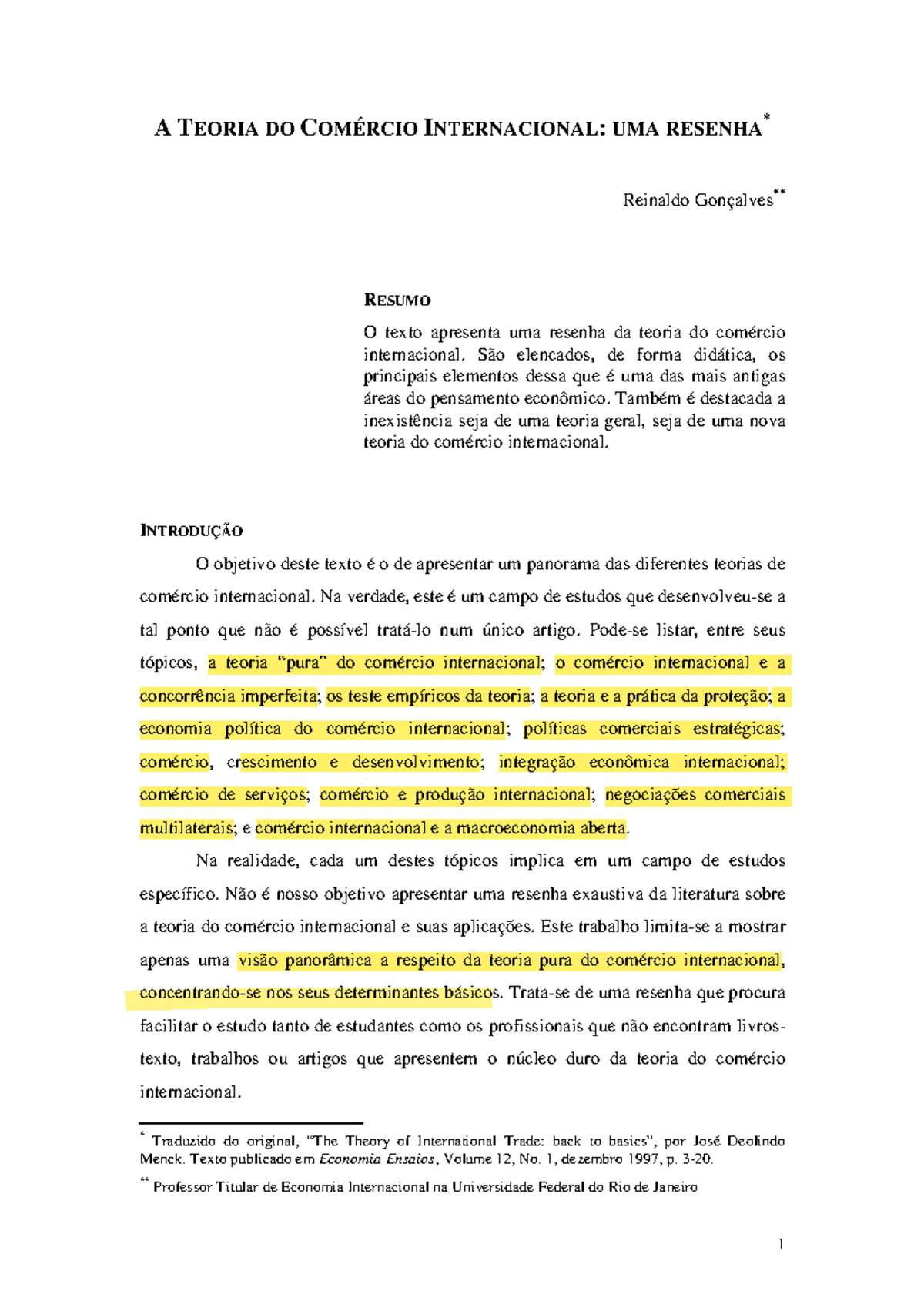 Goncalves r - Texto grifado. - A TEORIA DO COMÉRCIO INTERNACIONAL: UMA ...