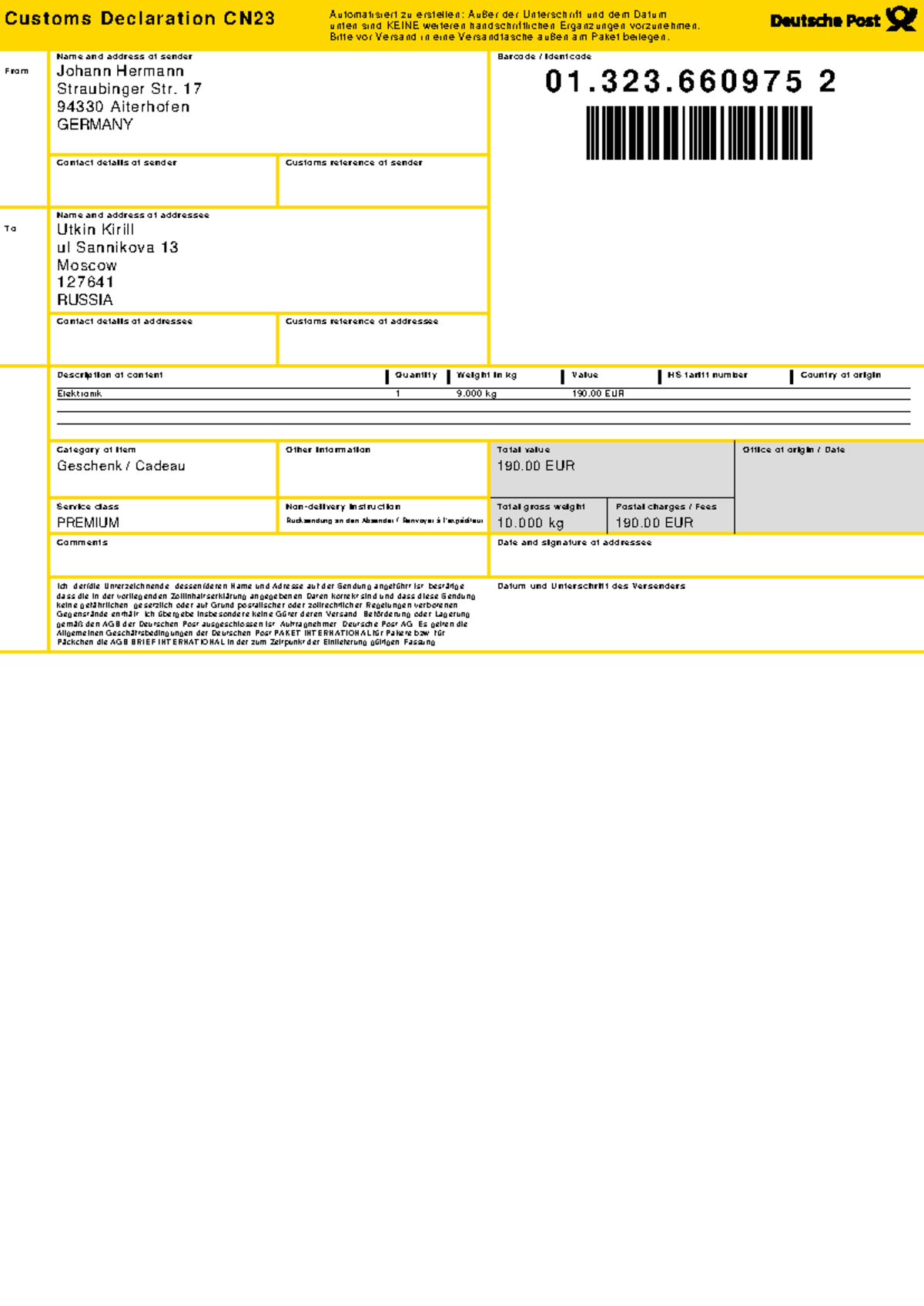 013236609752 - dhl - Customs Declaration CN Automatisiert zu erstellen ...