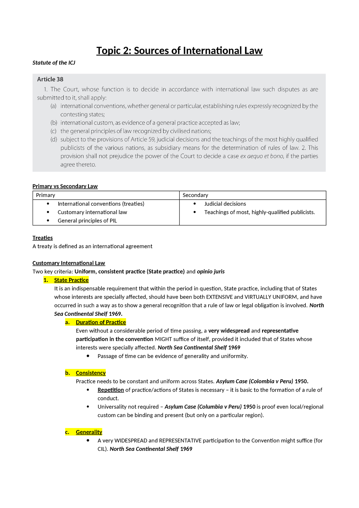 PIL Mid-sem Notes - Topic 2: Sources of International Law Statute of ...