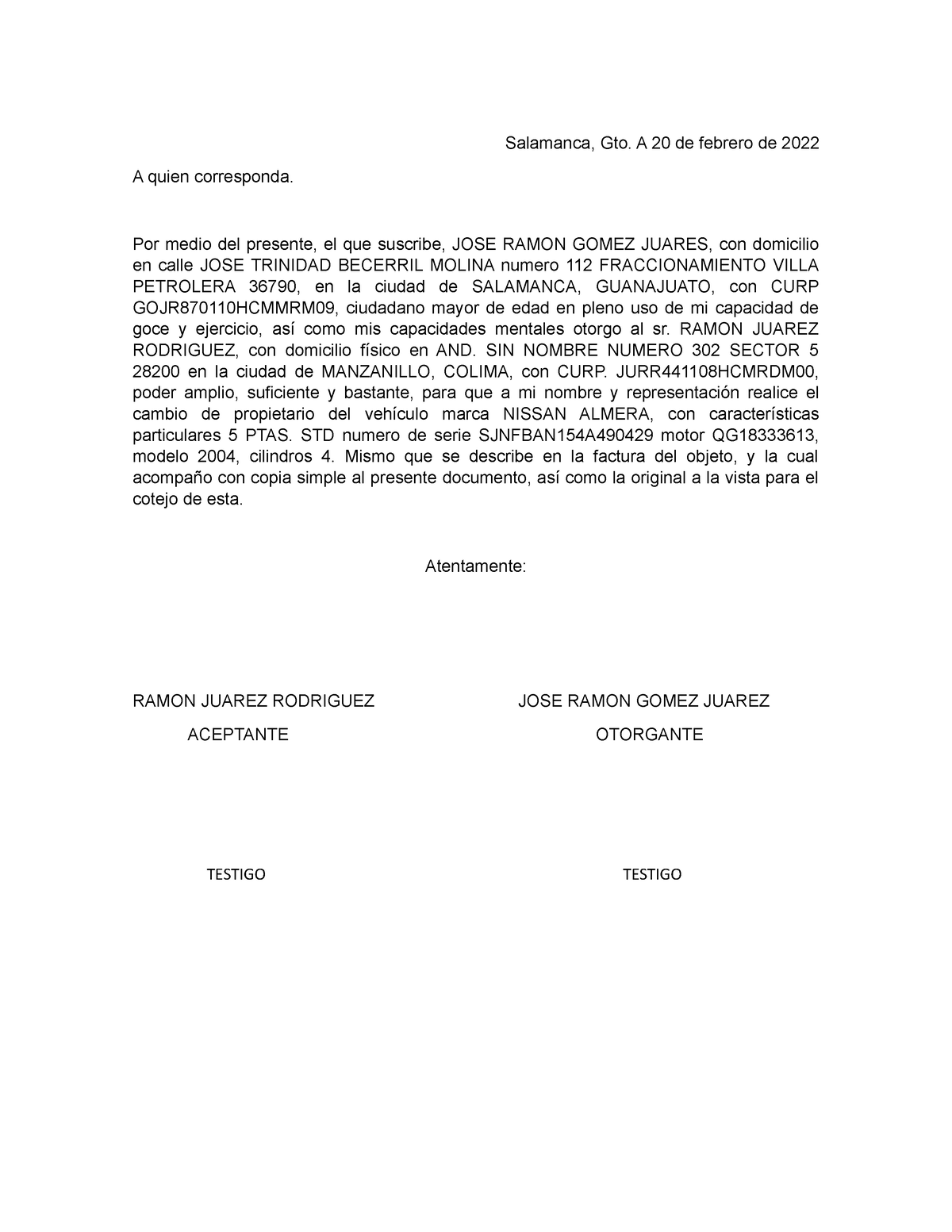 Carta Poder Para Podere Cambiar De Propietario Un Vehiculo Salamanca