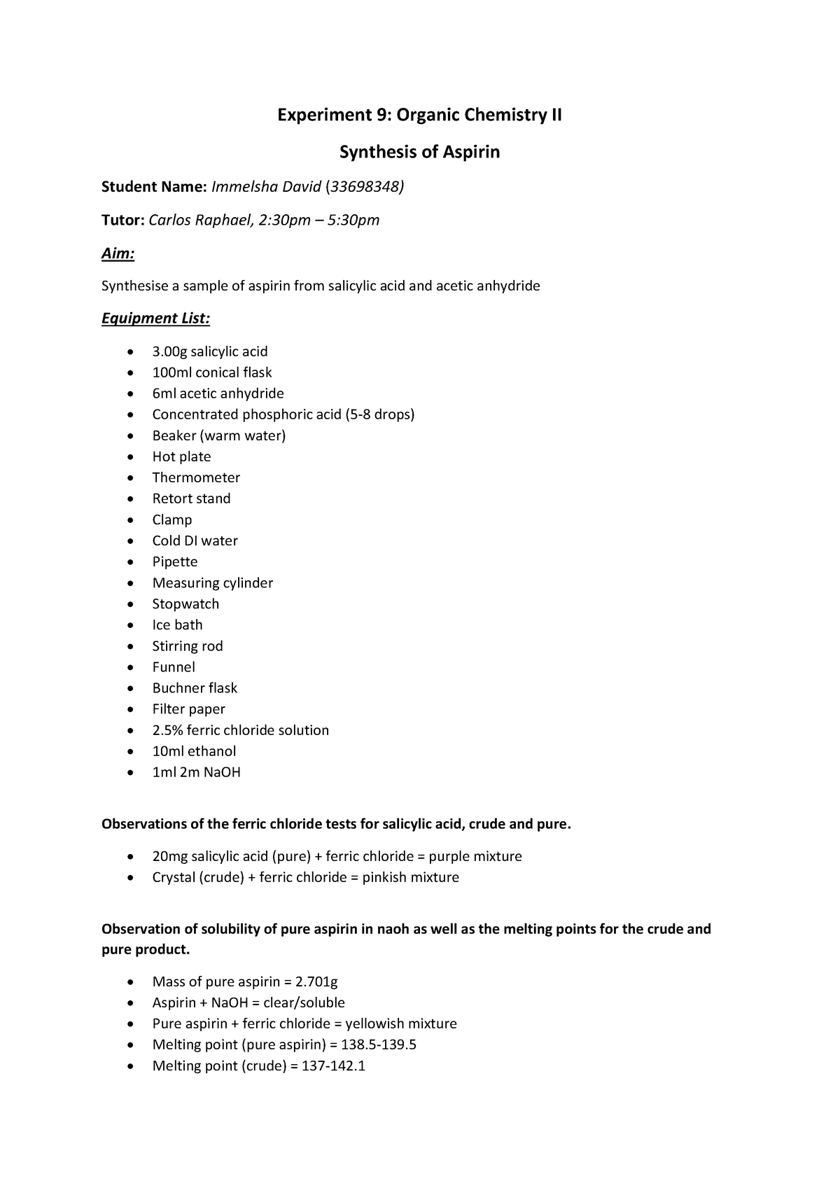 Experiment 9 - Lab Report - Experiment 9: Organic Chemistry II ...