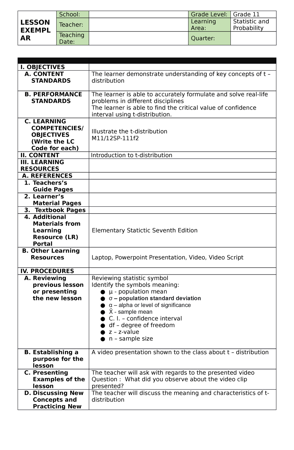 Lesson PLAN - LESSON EXEMPL AR School: Grade Level: Grade 11 Teacher ...