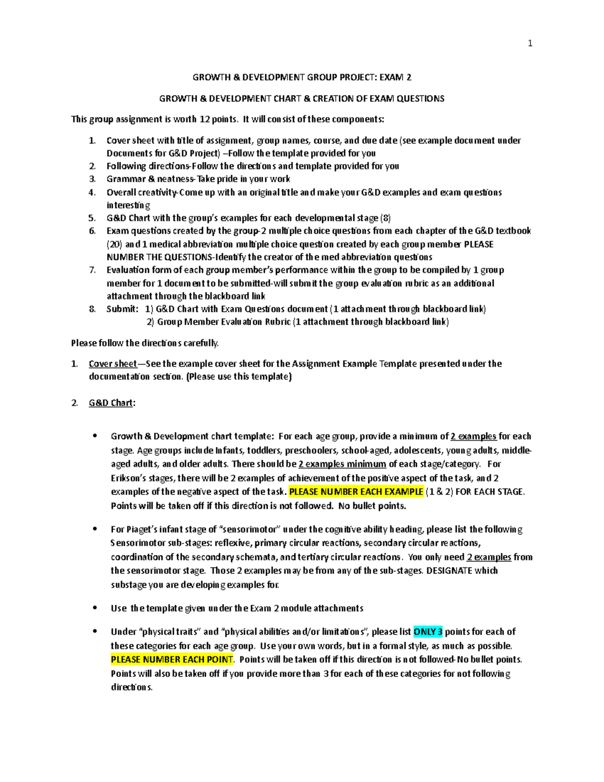Instructions to Complete G&D Project (Exam 2) - 1 GROWTH & DEVELOPMENT ...