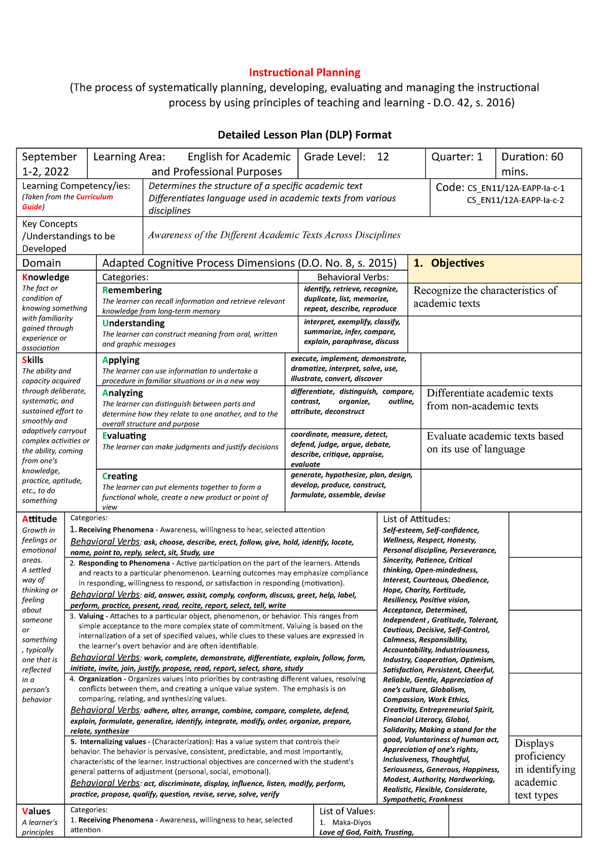 Lesson PLAN 1 - Instructional Plan - Instructional Planning (The ...