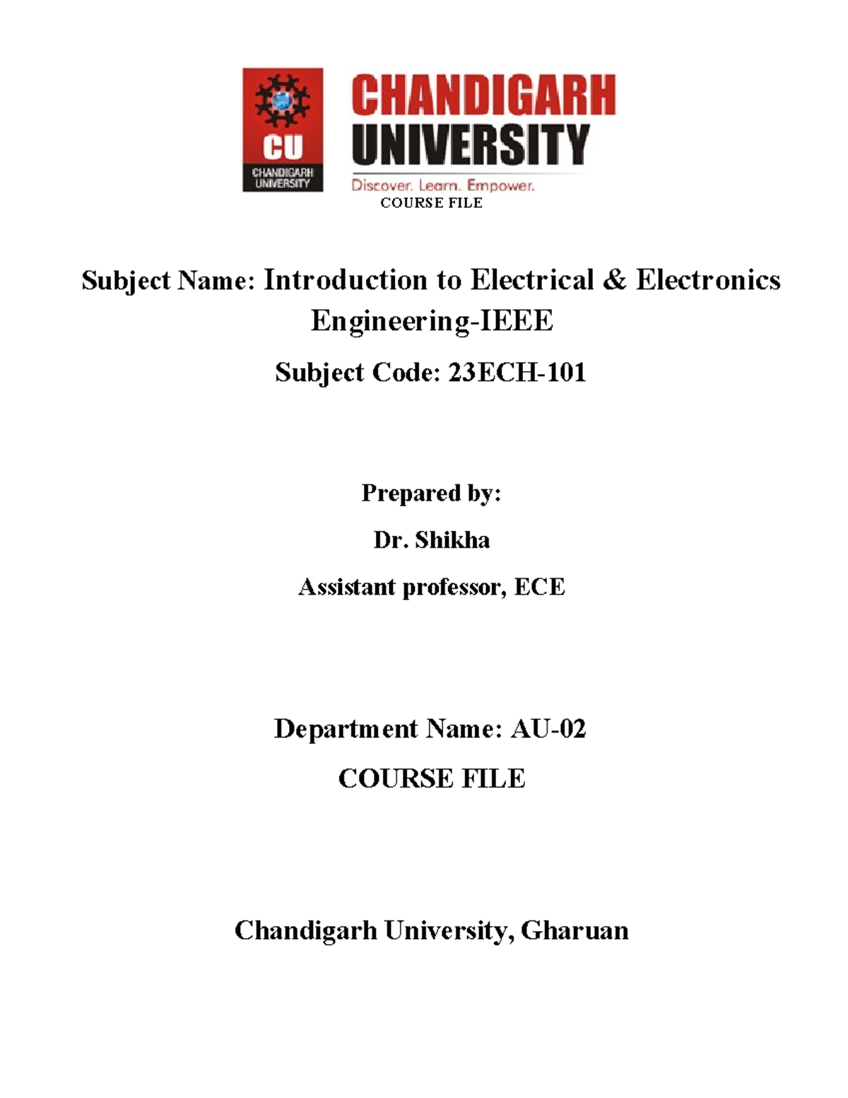 23ECH-101 IEEE LAB Manual - COURSE FILE Subject Name: Introduction to ...