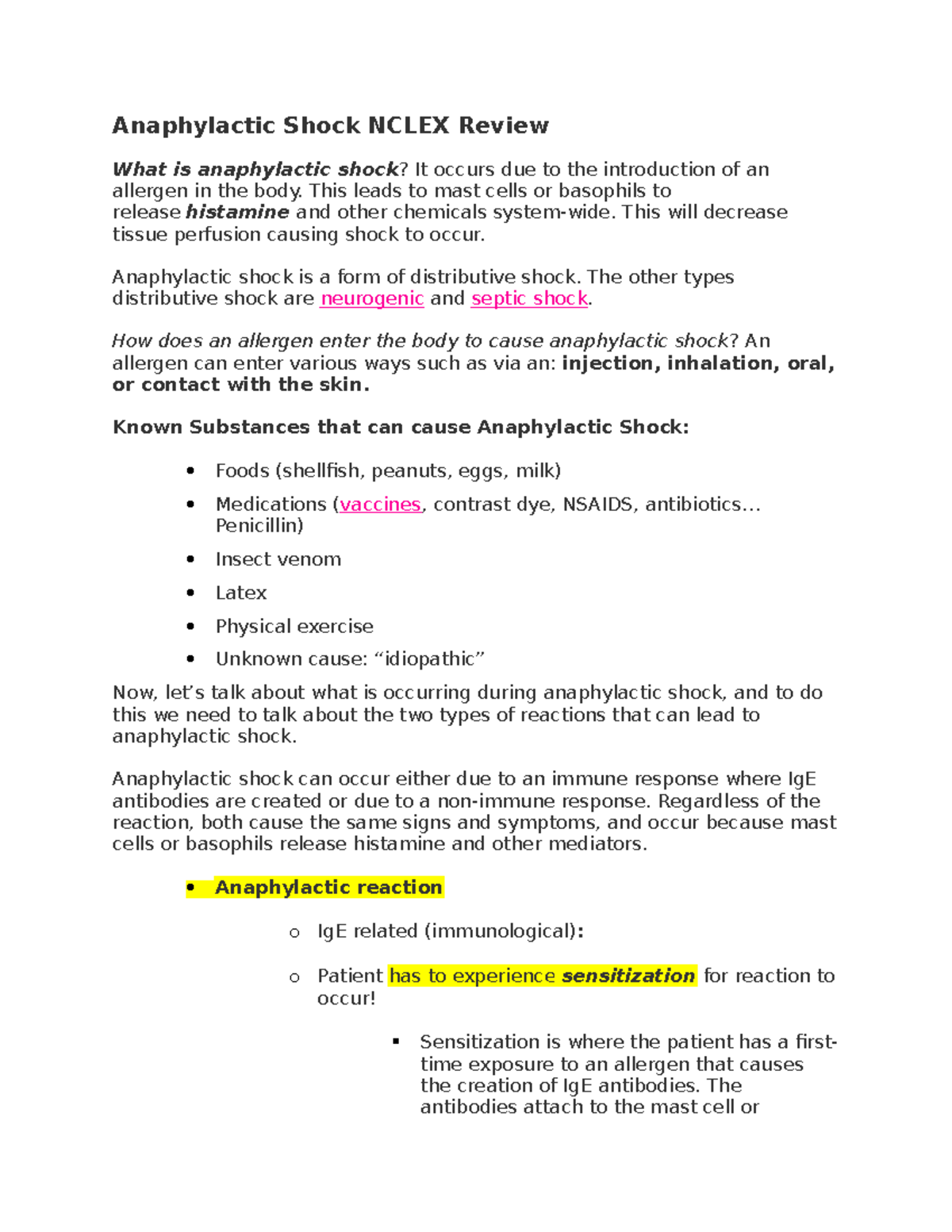 Anaphylactic shock Critical care Anaphylactic Shock NCLEX Review