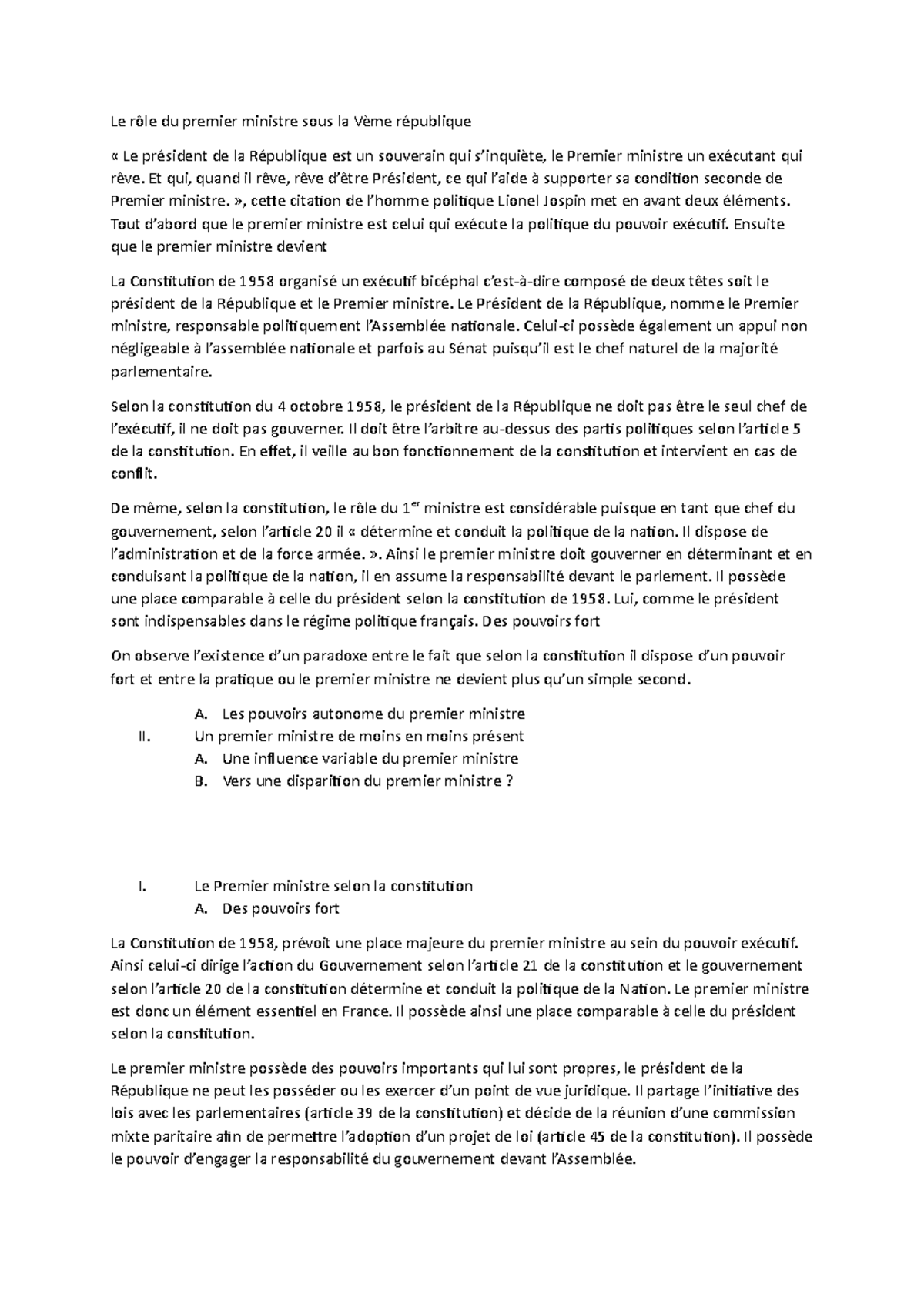 Le rôle du premier ministre sous la Vème république - Le rôle du ...