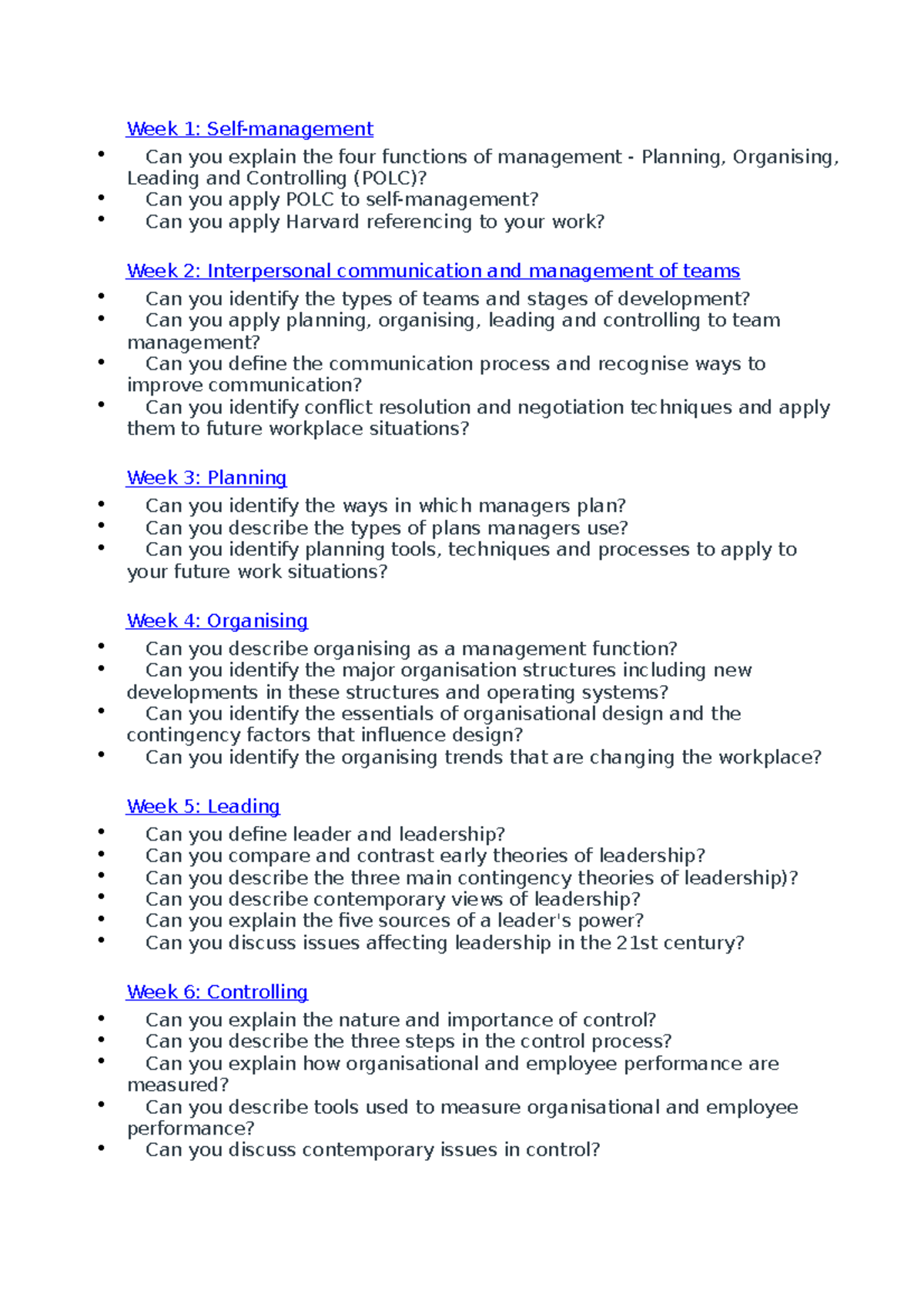 MGT10001 - Introduction to Management Revision Questions - - Studocu