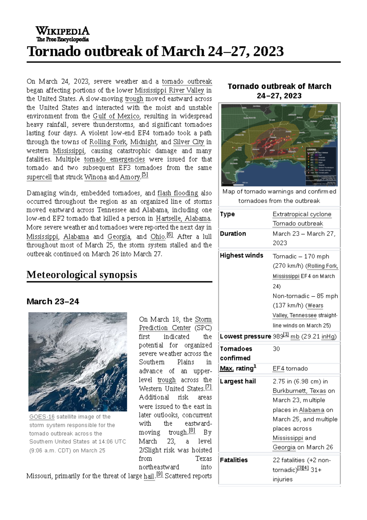 Tornado outbreak of March 24–27, 2023 - rating 1 EF4 tornado Largest ...