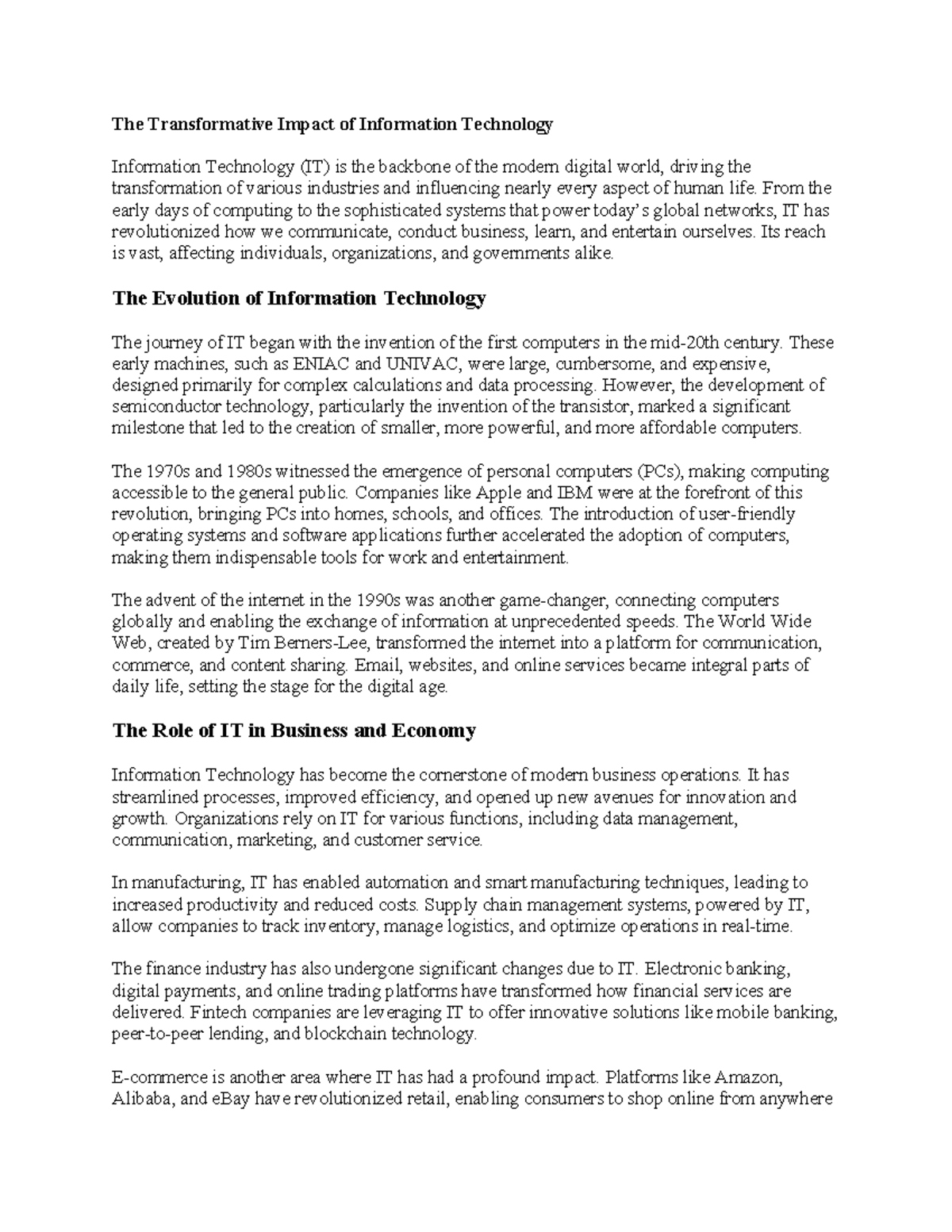 Information Technology - The Transformative Impact of Information ...