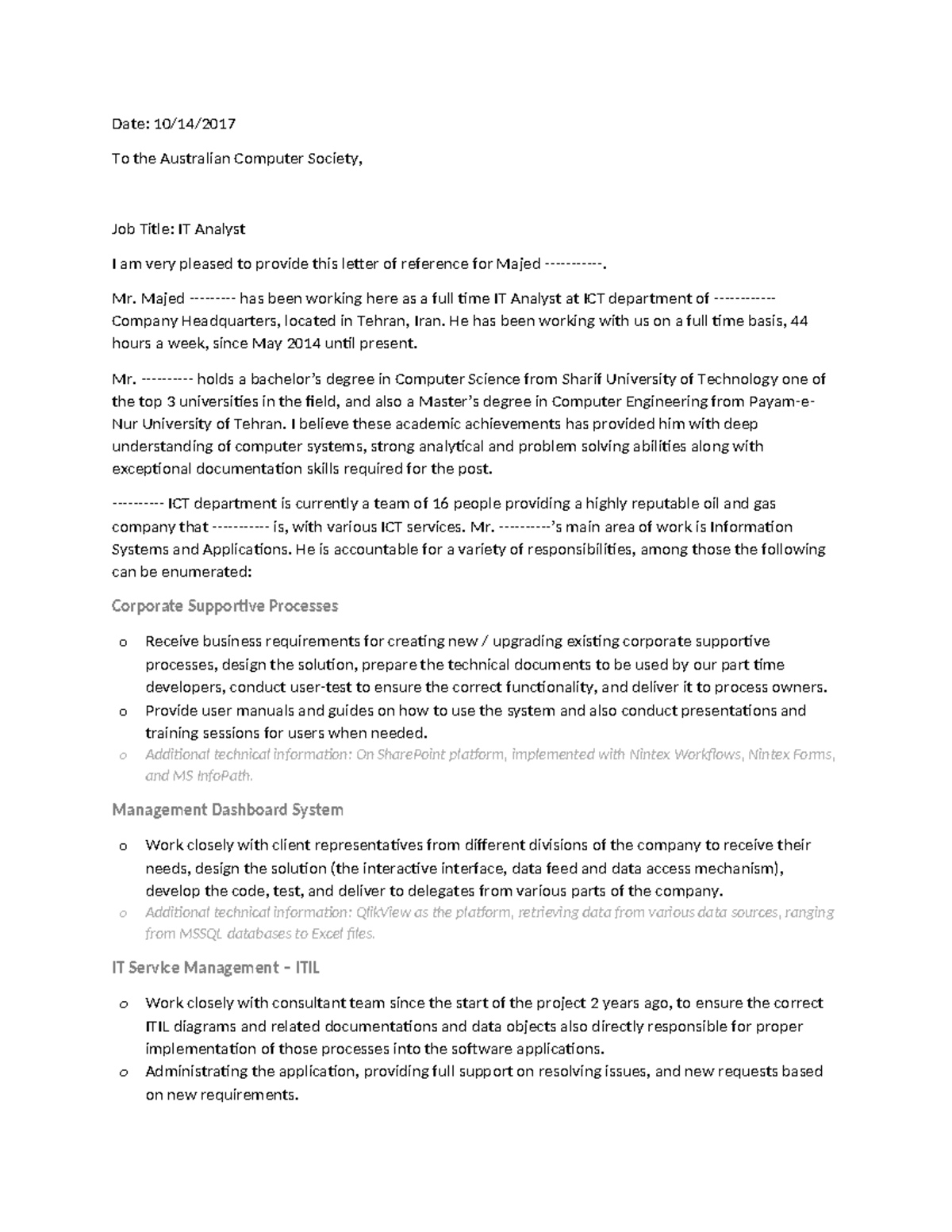 Work Reference - Systems Analyst - Date: 10/14/ To the Australian ...