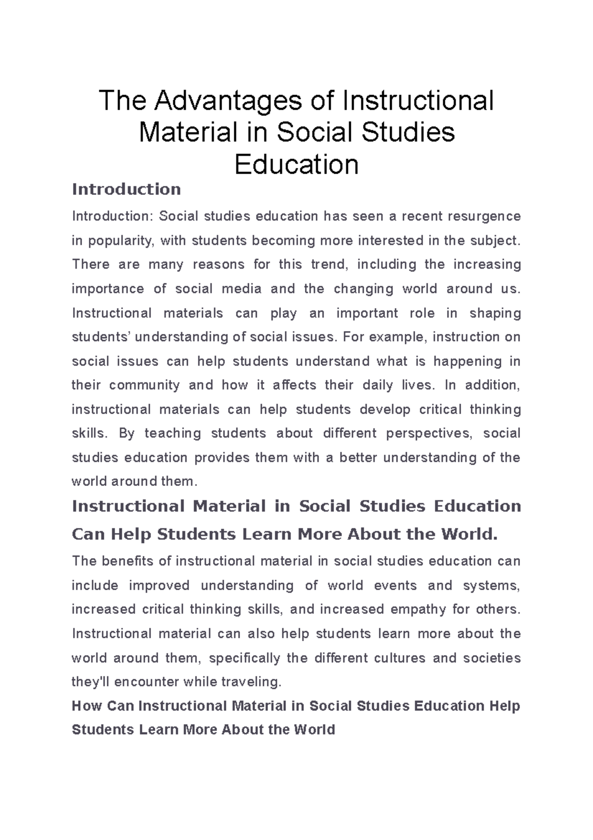 The Advantages of Instructional Material in Social Studies Education
